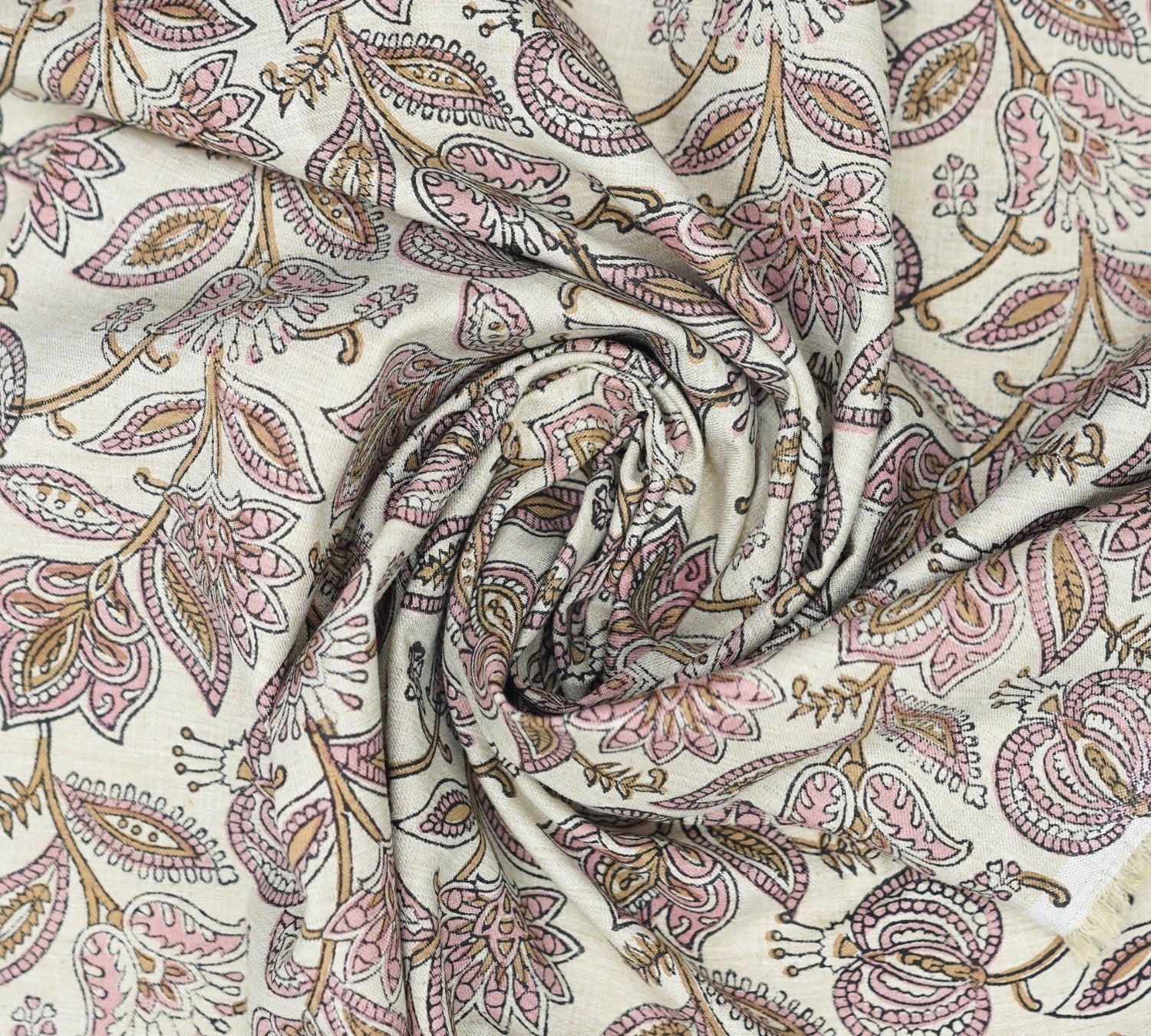 Handmade Indian Block Printed  Pink Floral Linen Blend Fabric – Custard Apple 