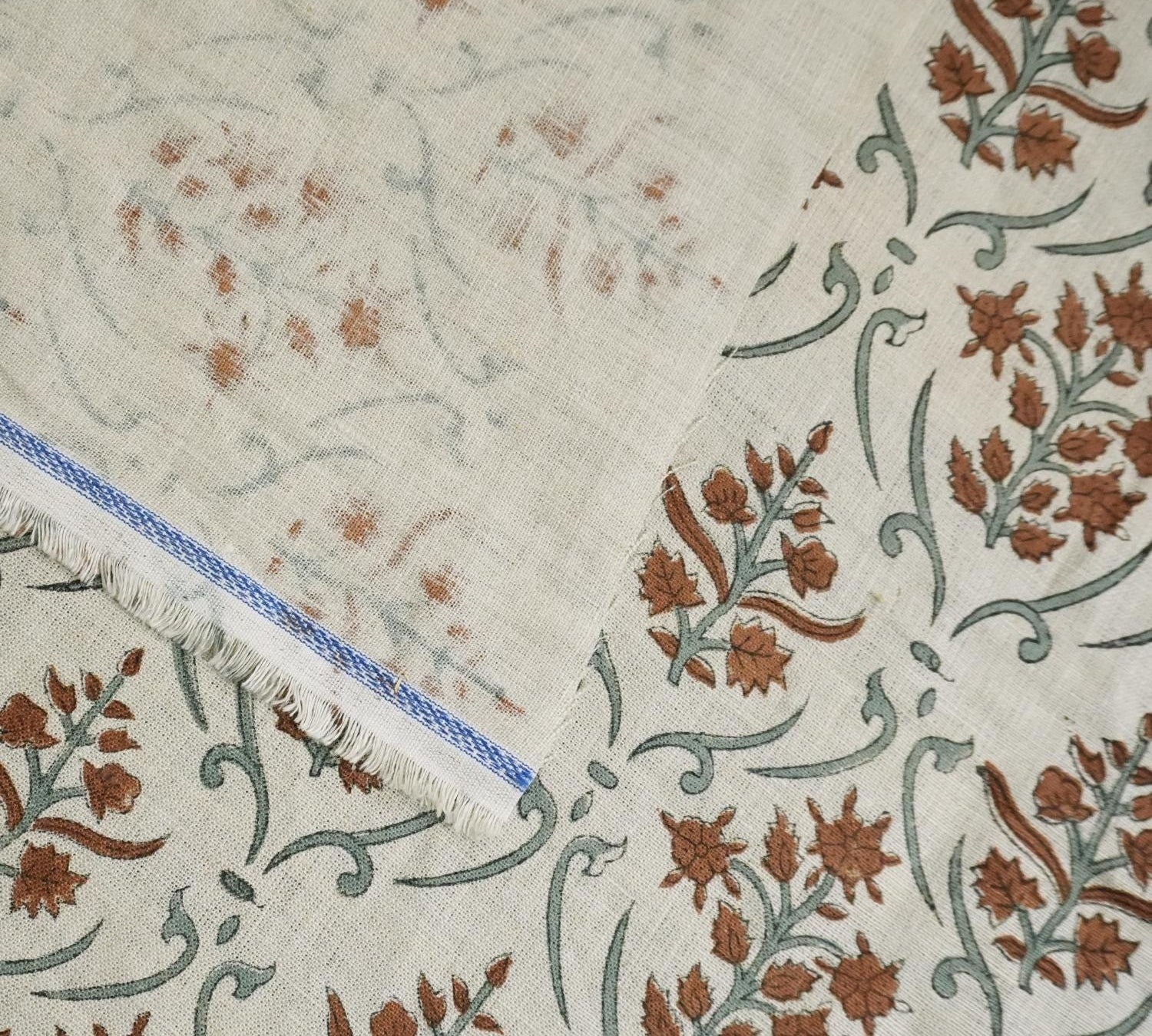 Linen Block Print Fabric 58 Inch Width Medium Weight Linen White Base Color Handmade Creative Design To Make Curtains and Drapes Upholstery  Tablecloths and Runners Bedding Tote Bag Lampshades Napkins by Fabritual