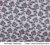 Handmade Thick Cotton White Block Printed Pink & Green Floral Fabric For Cushion Case - MADHUBALA