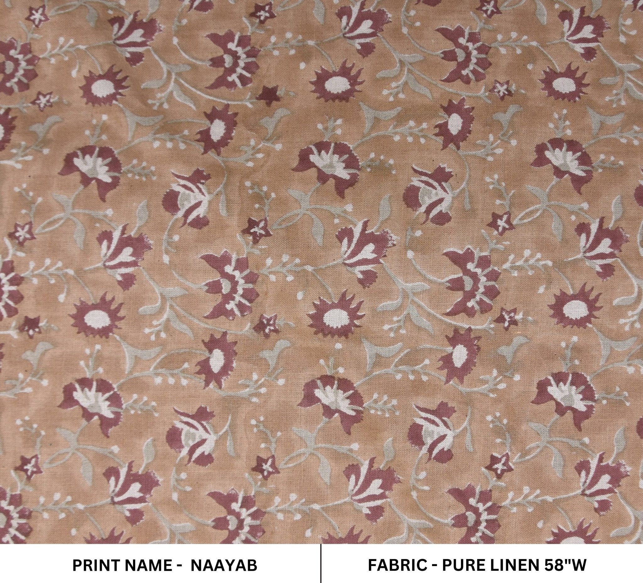 Hand block print pure linen 58" wide, handloom Indian fabric , floral pillow print, upholstery, linen by yard - NAAYAB