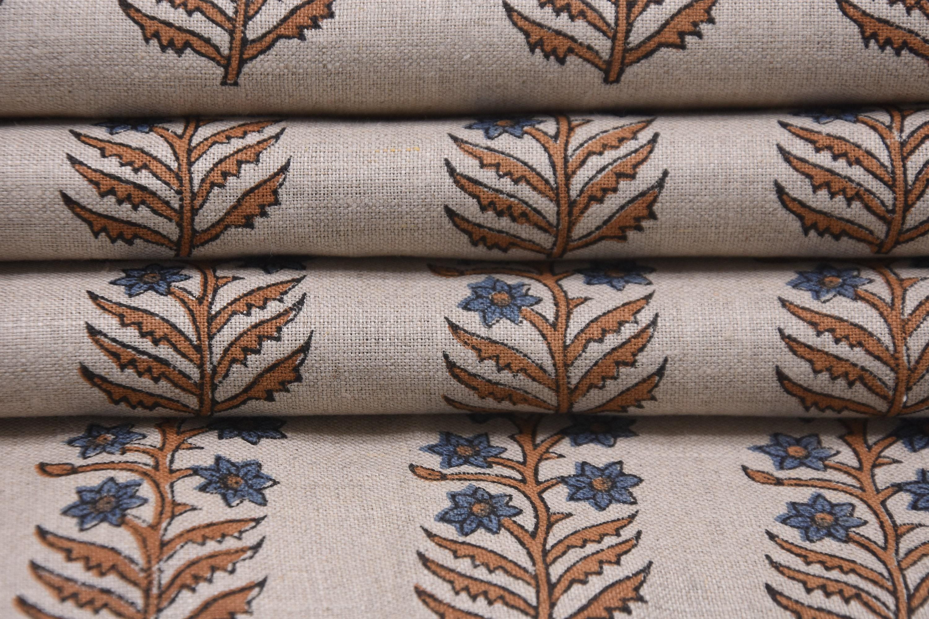 Linen Block Print Fabric 58 Inch Width Medium Weight Linen Natural Base Color Curtains and Drapes Upholstery Handmade Art Pillow Covers Tablecloths and Runners Bedding Tote Bag Lampshades Napkins by Fabritual