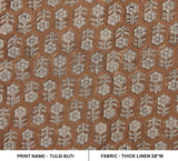 Handmade Throw Boho Dark Brown & Gray Floral Block Printed Thick Linen Fabric - TULSI BUTI