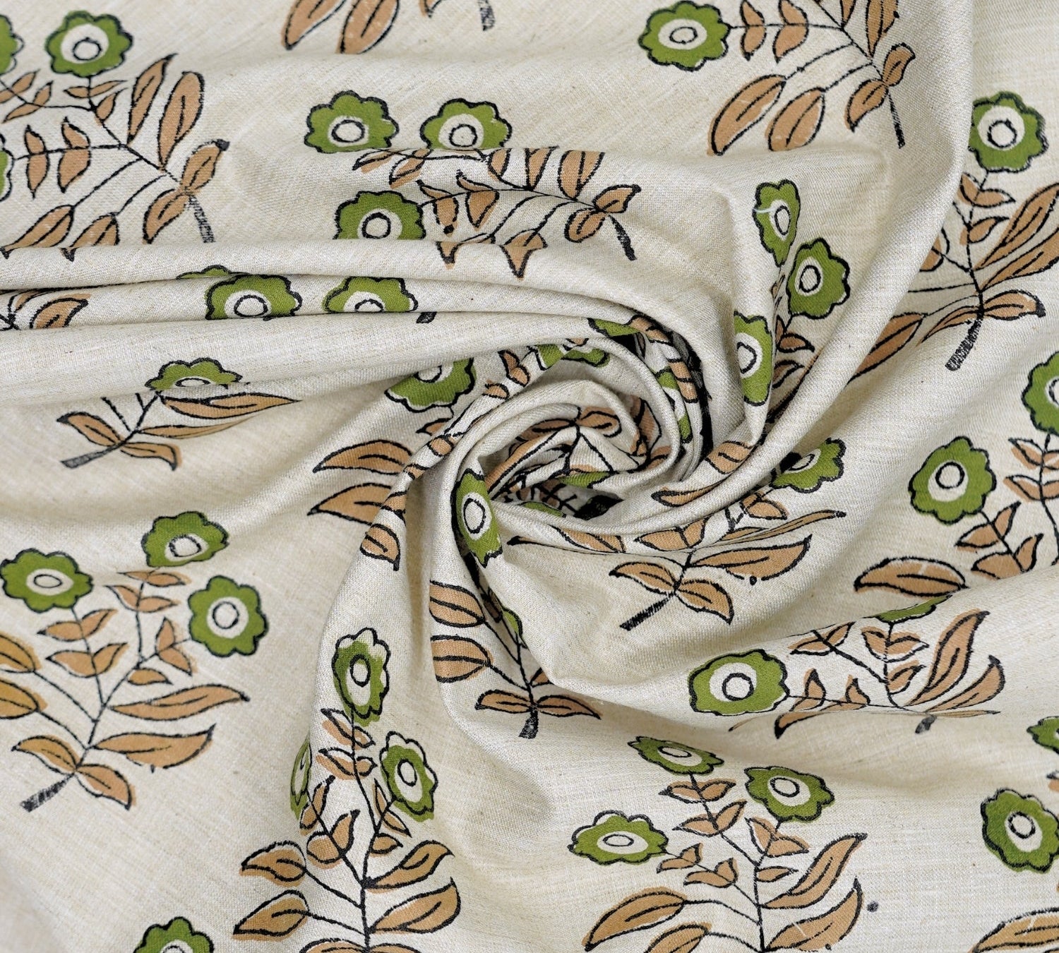 Handprinted Soft Linen Blend Fabric Boho Green Floral Design - Neha 