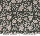 Handmade Artisan Dark Green Leaf Block Printed Pure Linen Fabric For Cushion Case - MANIKARNIKA