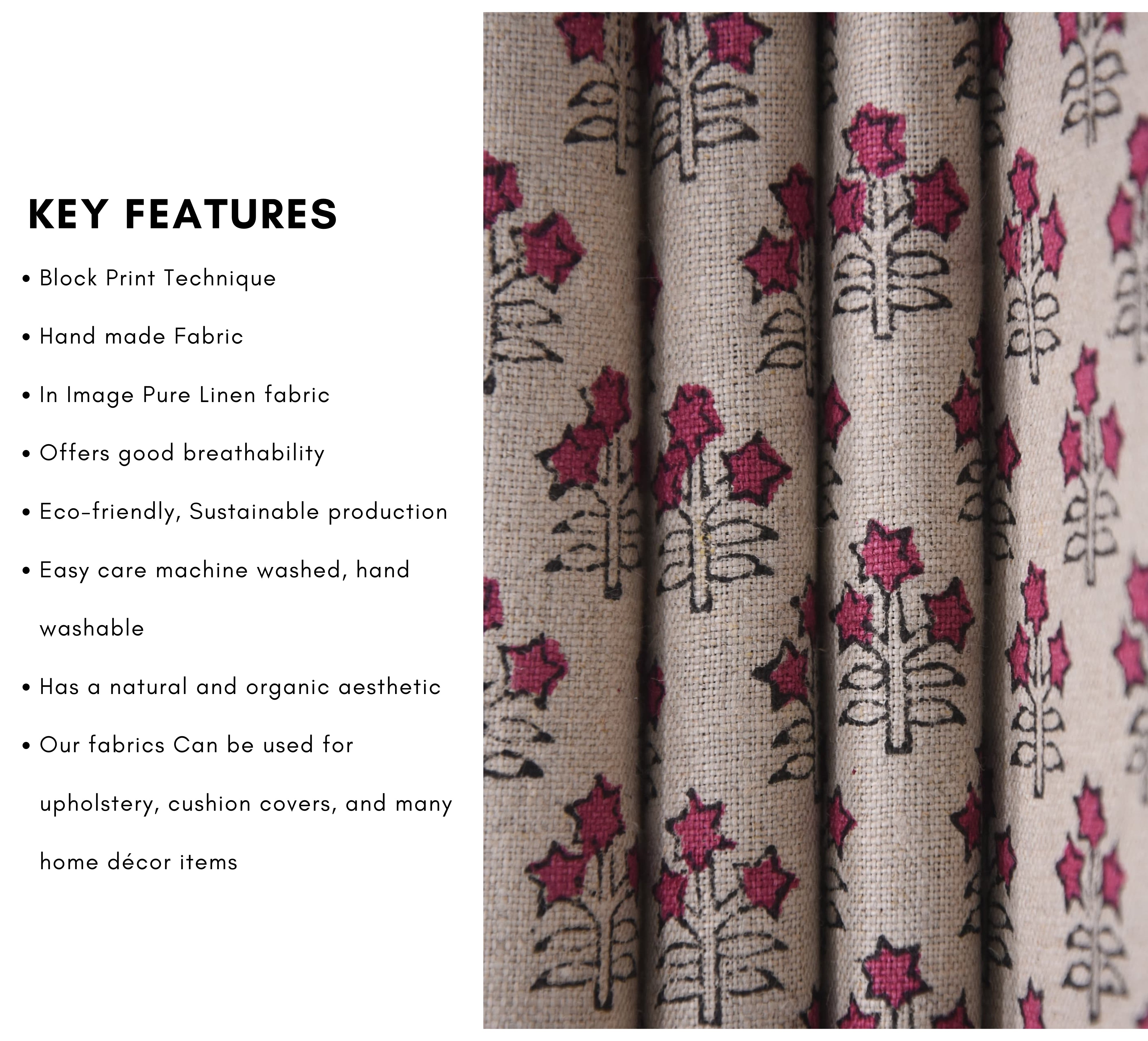 Hand Block Print, Pure Linen 58" Wide, Floral Printed, Sewing Fabric, Pillow Cushion Cover, Upholstery Linen - KESARIYA