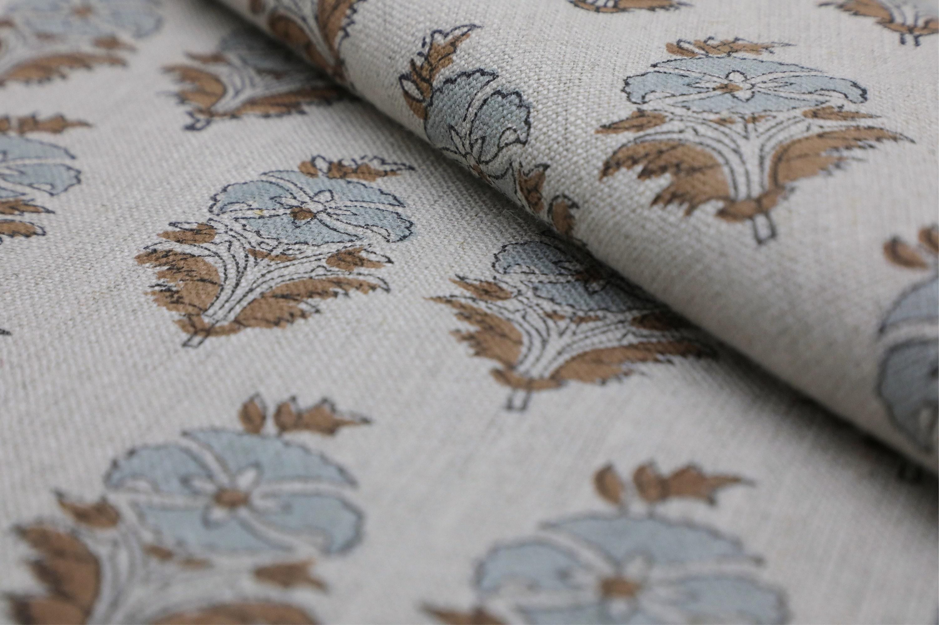 Linen Block Print Fabric 58 Inch Width Heavy Weight Linen Natural Base Color Curtains and Drapes Upholstery Handmade Art Pillow Covers Tablecloths and Runners by Fabritual