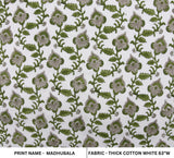 Handcrafted Throw in Block Printed Green and Gray Florals on Thick Cotton White Fabric – Madhubala