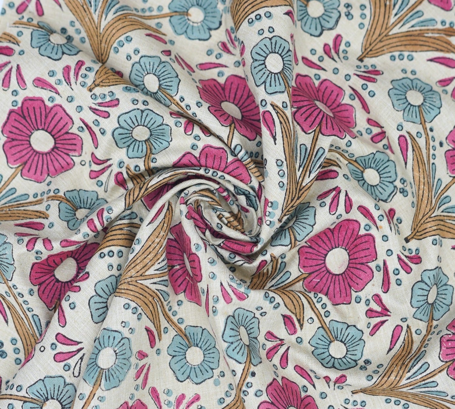 Handprinted Pink Floral Linen Blend Fabric Soft Touch for Cushions & Curtains - Vanshika