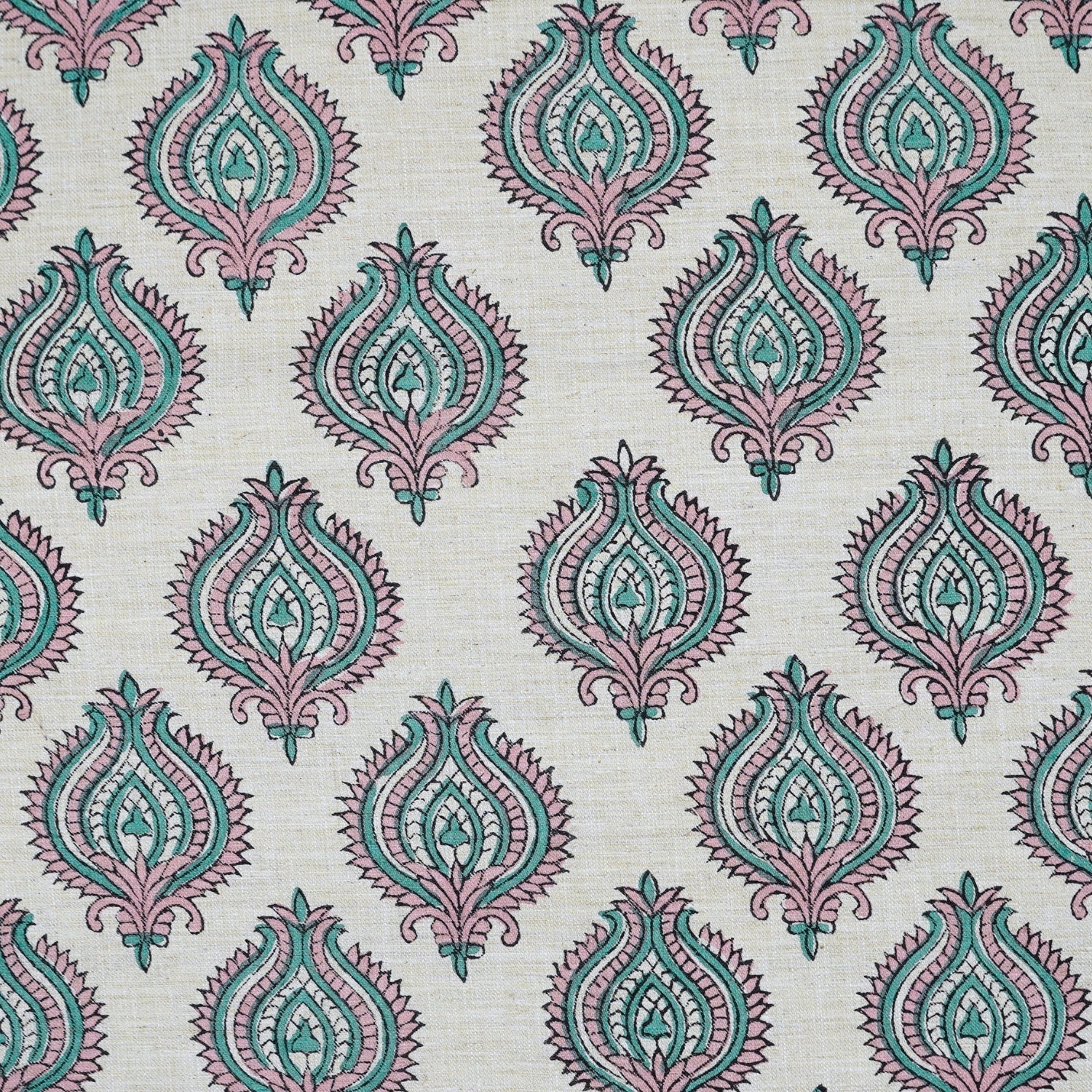 Handmade Boho Block Print on Soft Linen Blend Pink Floral Fabric - Uday 