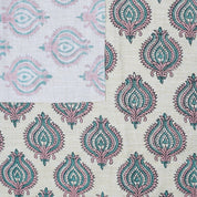 Handmade Boho Block Print on Soft Linen Blend Pink Floral Fabric - Uday 