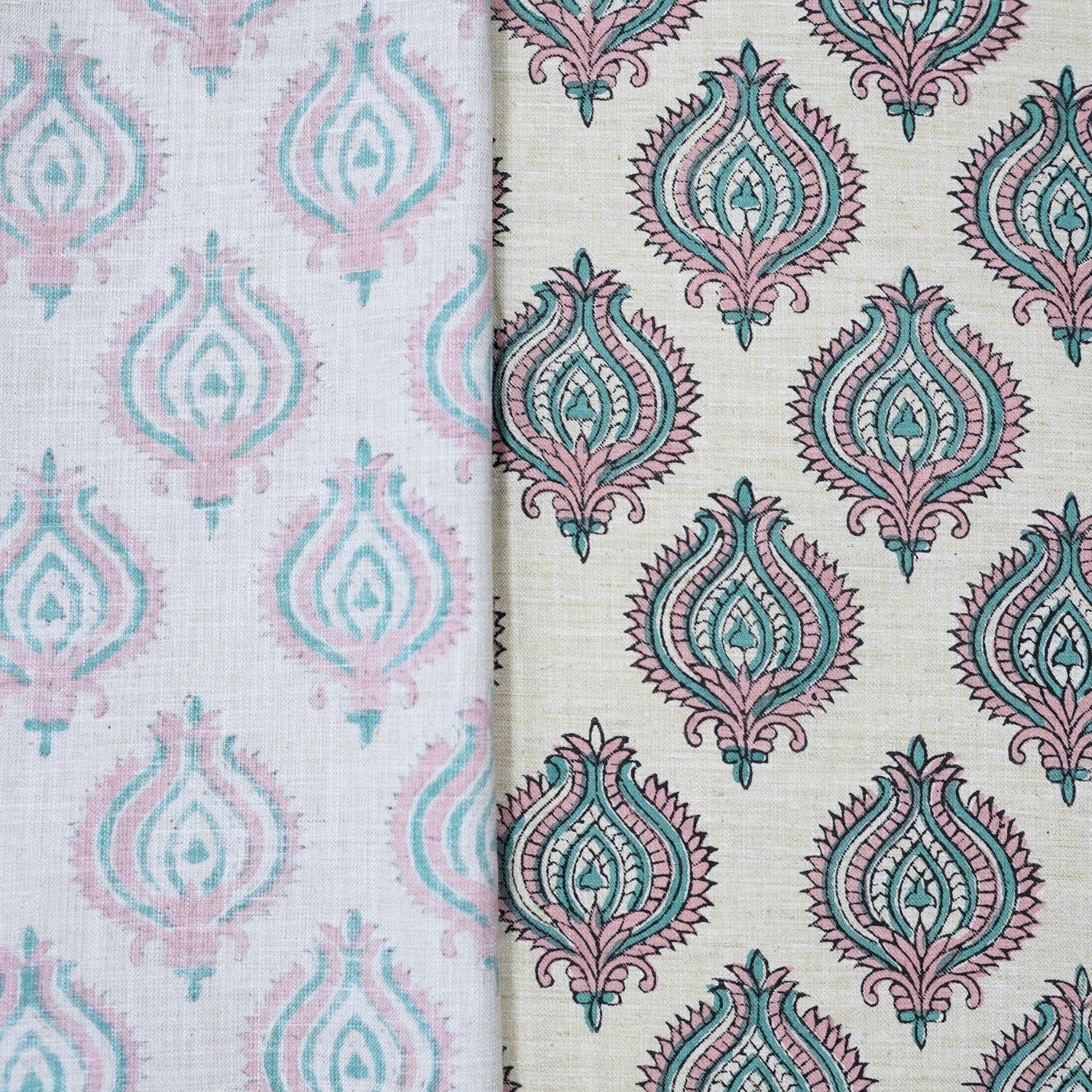 Handmade Boho Block Print on Soft Linen Blend Pink Floral Fabric - Uday 