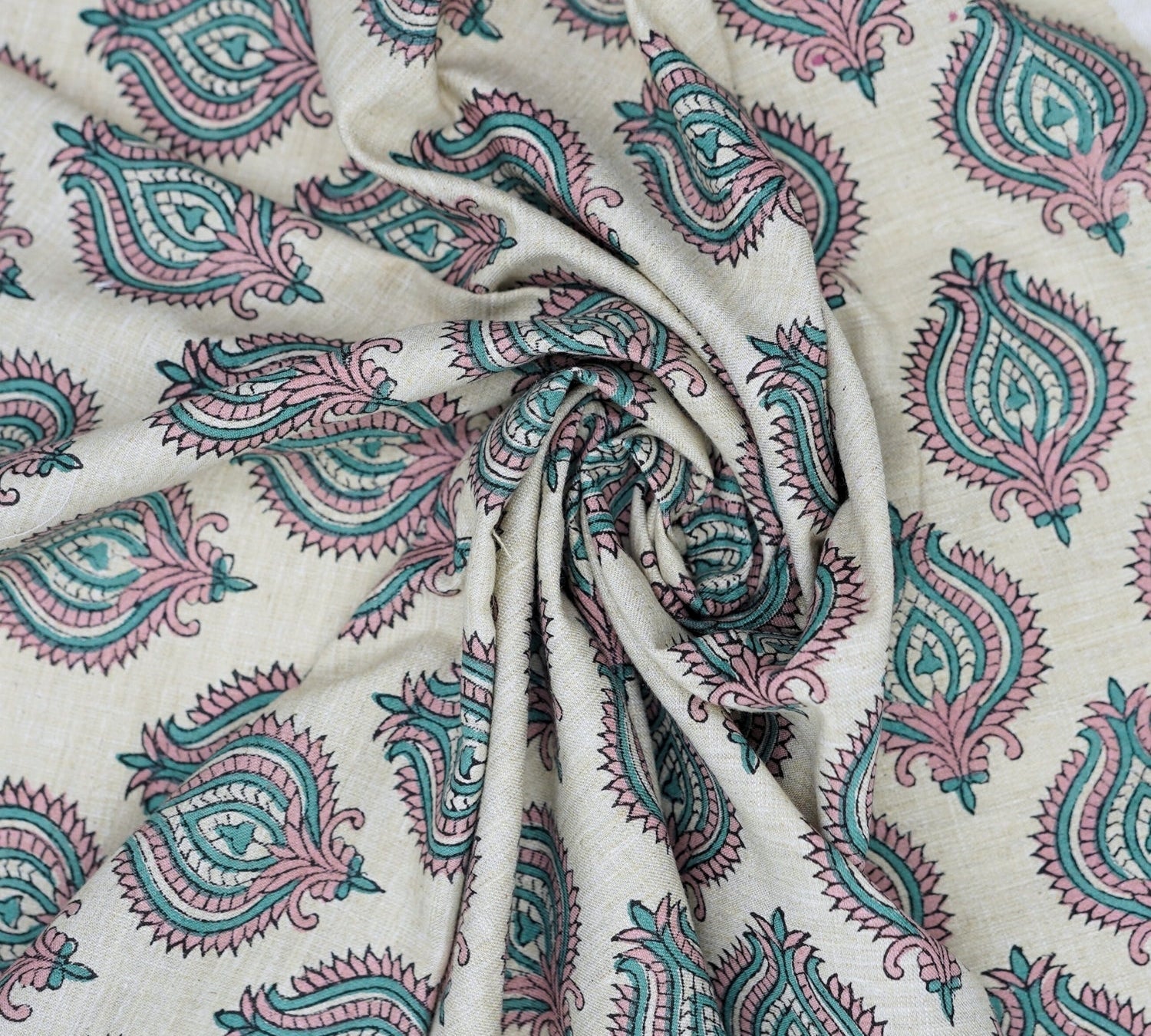 Handmade Boho Block Print on Soft Linen Blend Pink Floral Fabric - Uday 