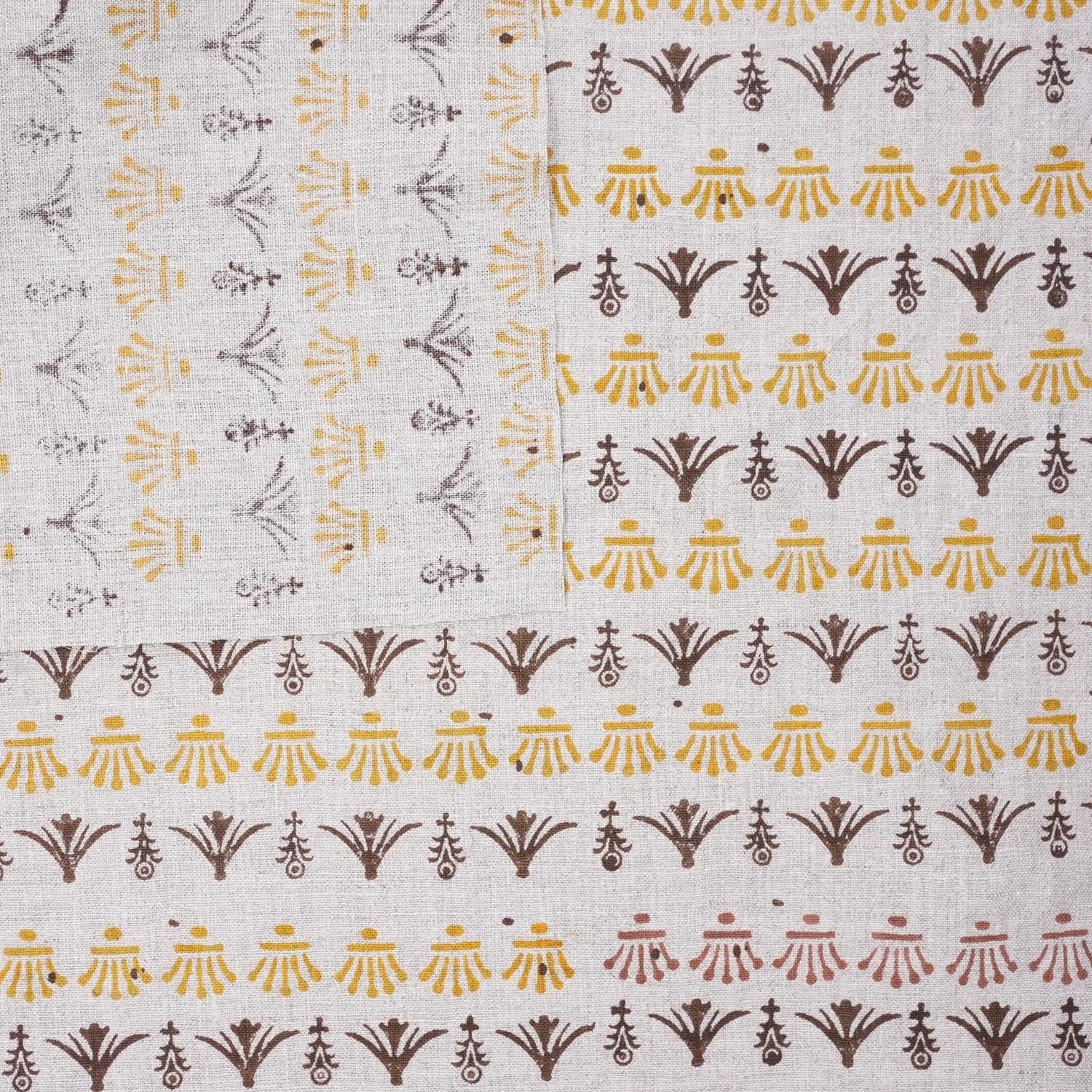 Indian Hand Block Mustard and Brown Floral Fabric on Pure Linen for Tabel Cover - Hastatkala