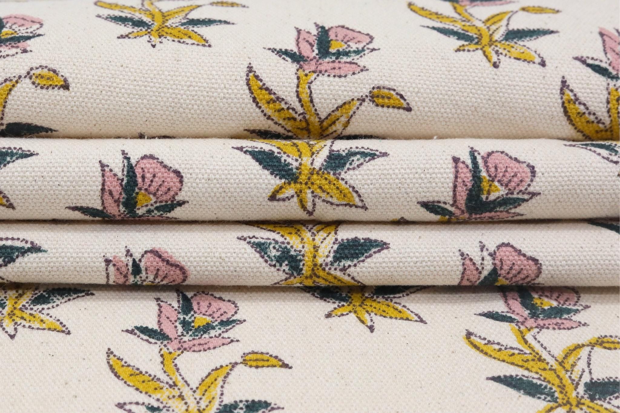 Cotton Block Print Fabric 50 Inch Width Medium Weight Duck Canvas Beige Base Color Tablecloths and Runners Curtains and Drapes Pillow Cover Curtains and Drapes  Bedding Tote Bag Lampshades Napkins