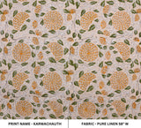 Indian Handmade Orange Floral Block Printed Fabric For Home Decor on Pure Linen - KARWACHAUTH