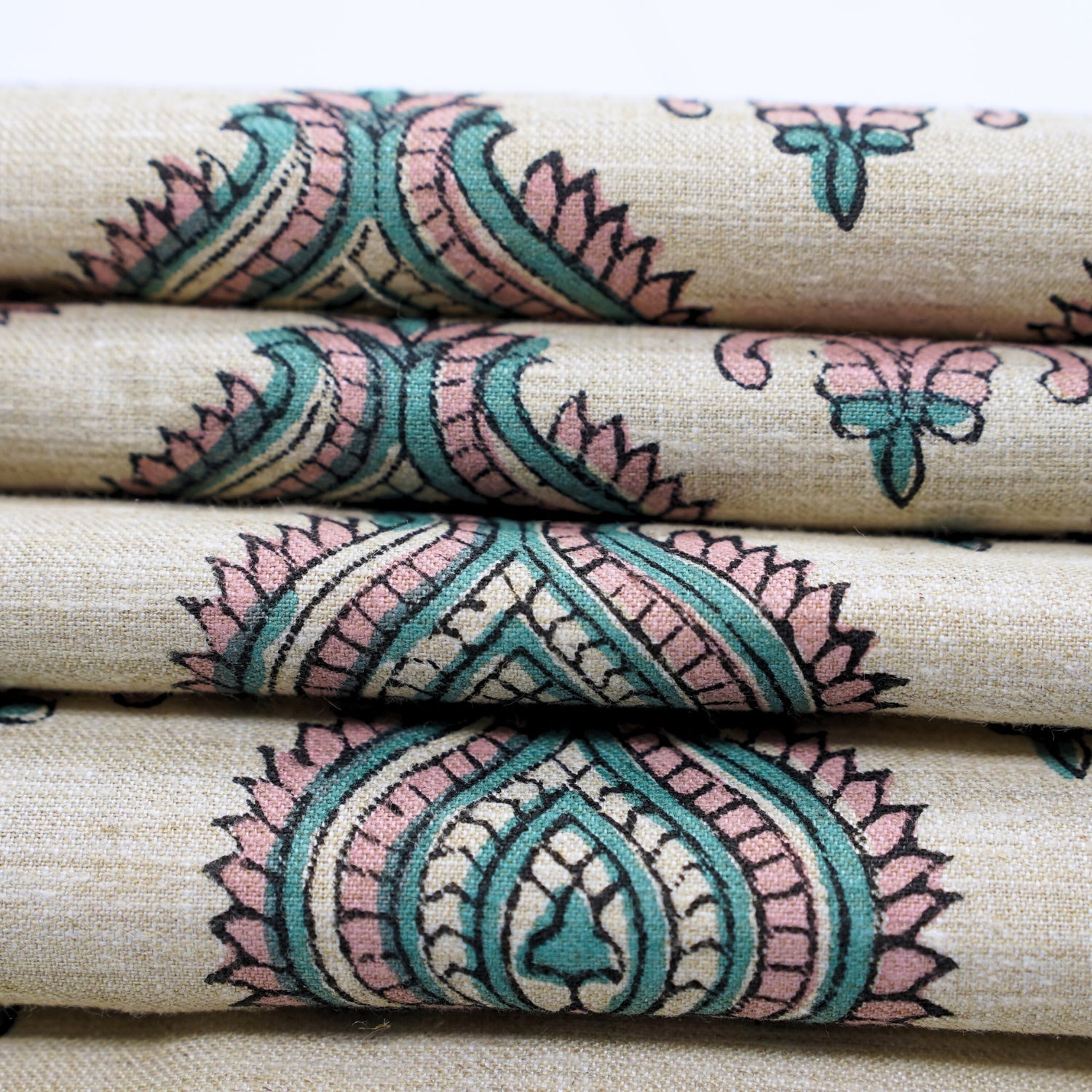 Handmade Boho Block Print on Soft Linen Blend Pink Floral Fabric - Uday 
