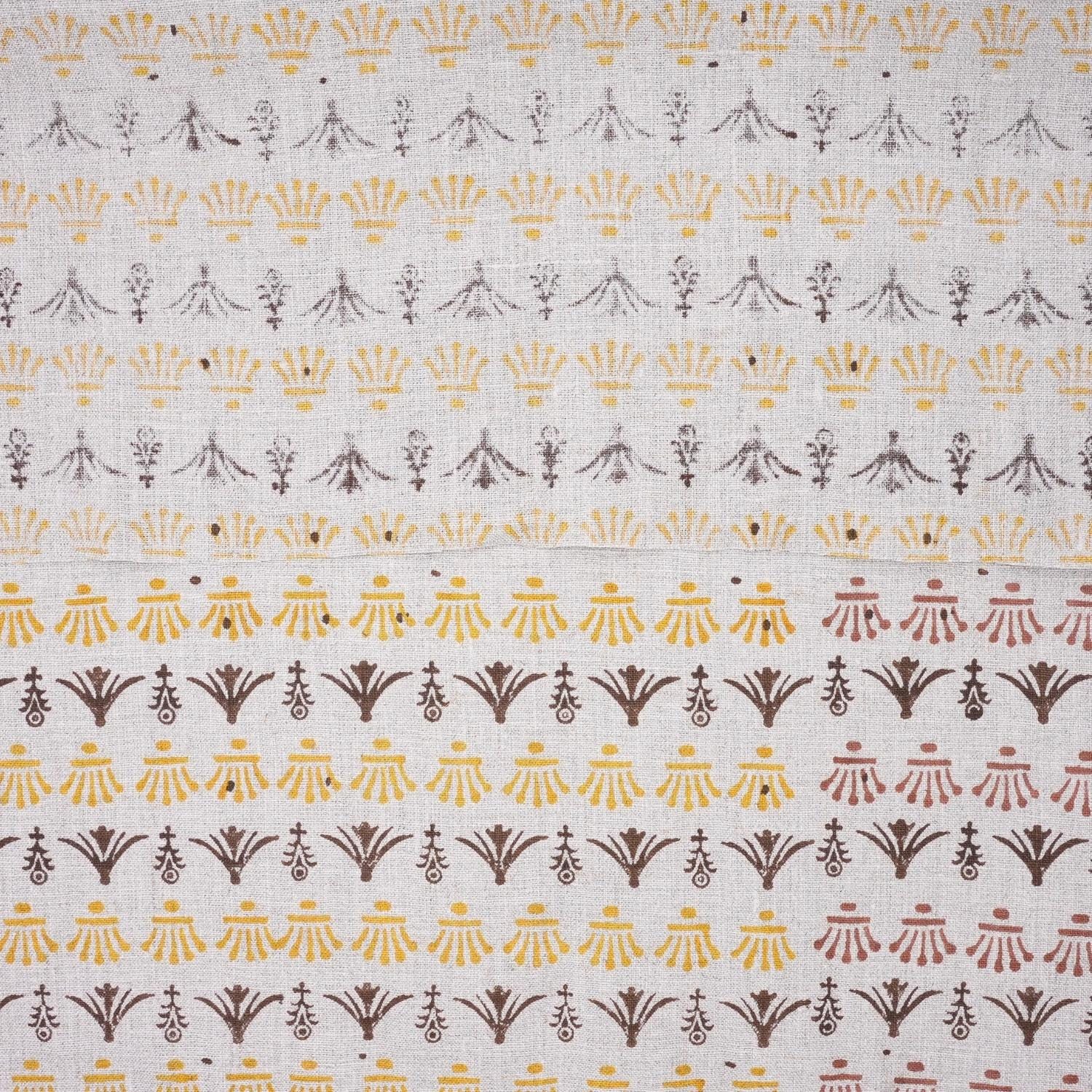 Indian Hand Block Mustard and Brown Floral Fabric on Pure Linen for Tabel Cover - Hastatkala