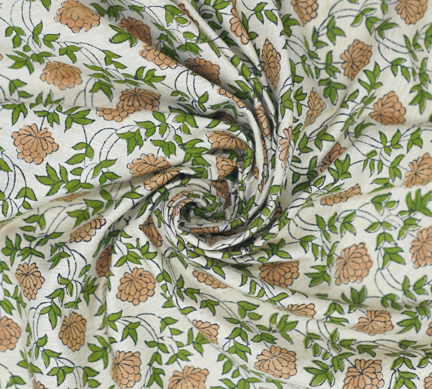 Handcrafted Fabric Khubsurat Boho Flower Print on Green Linen Blend