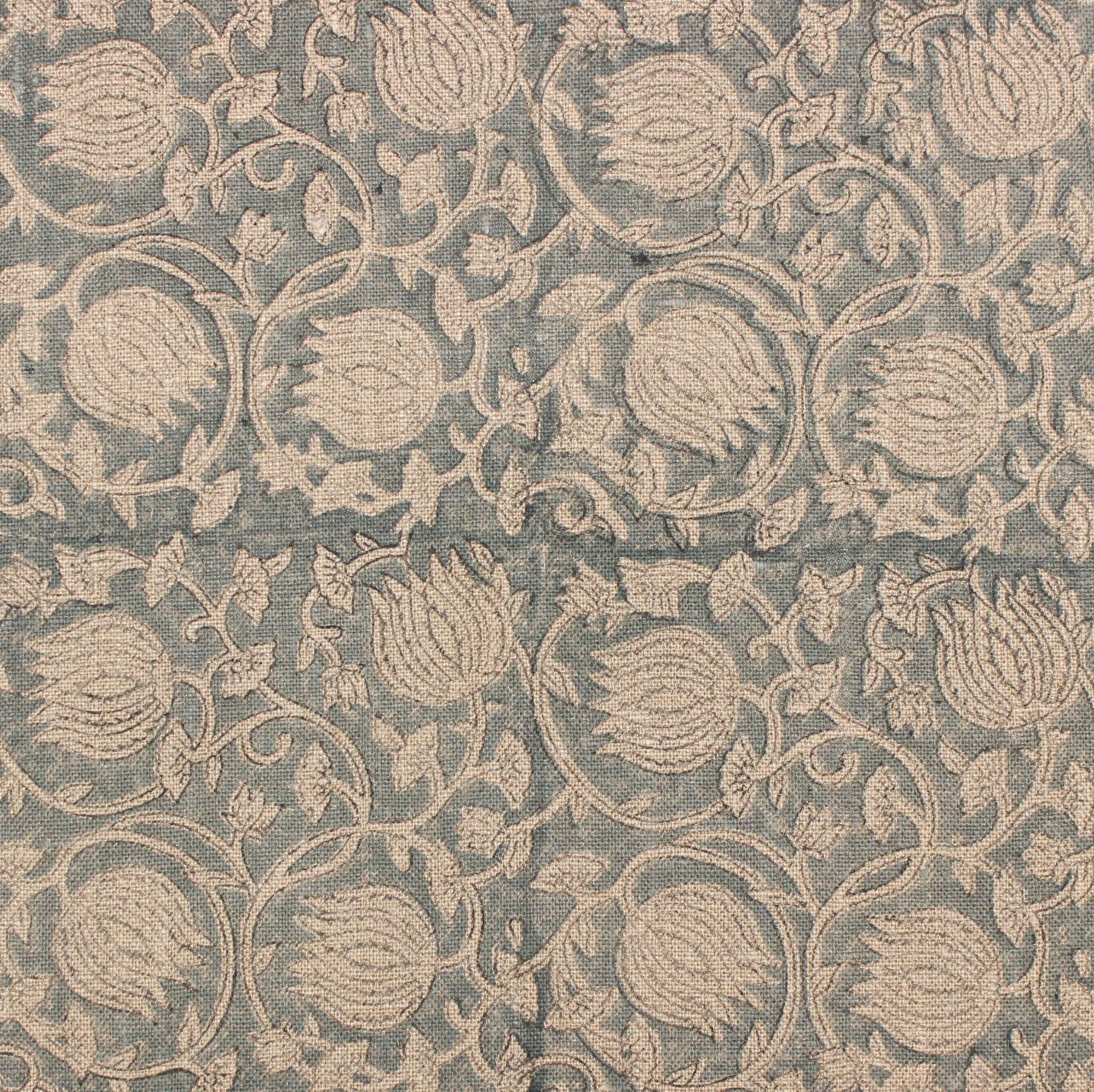 Handmade Artisan Block Printed Thick Linen Beige and Gray Floral 58" Wide Fabric For Tablecloths – Kamal Jaal
