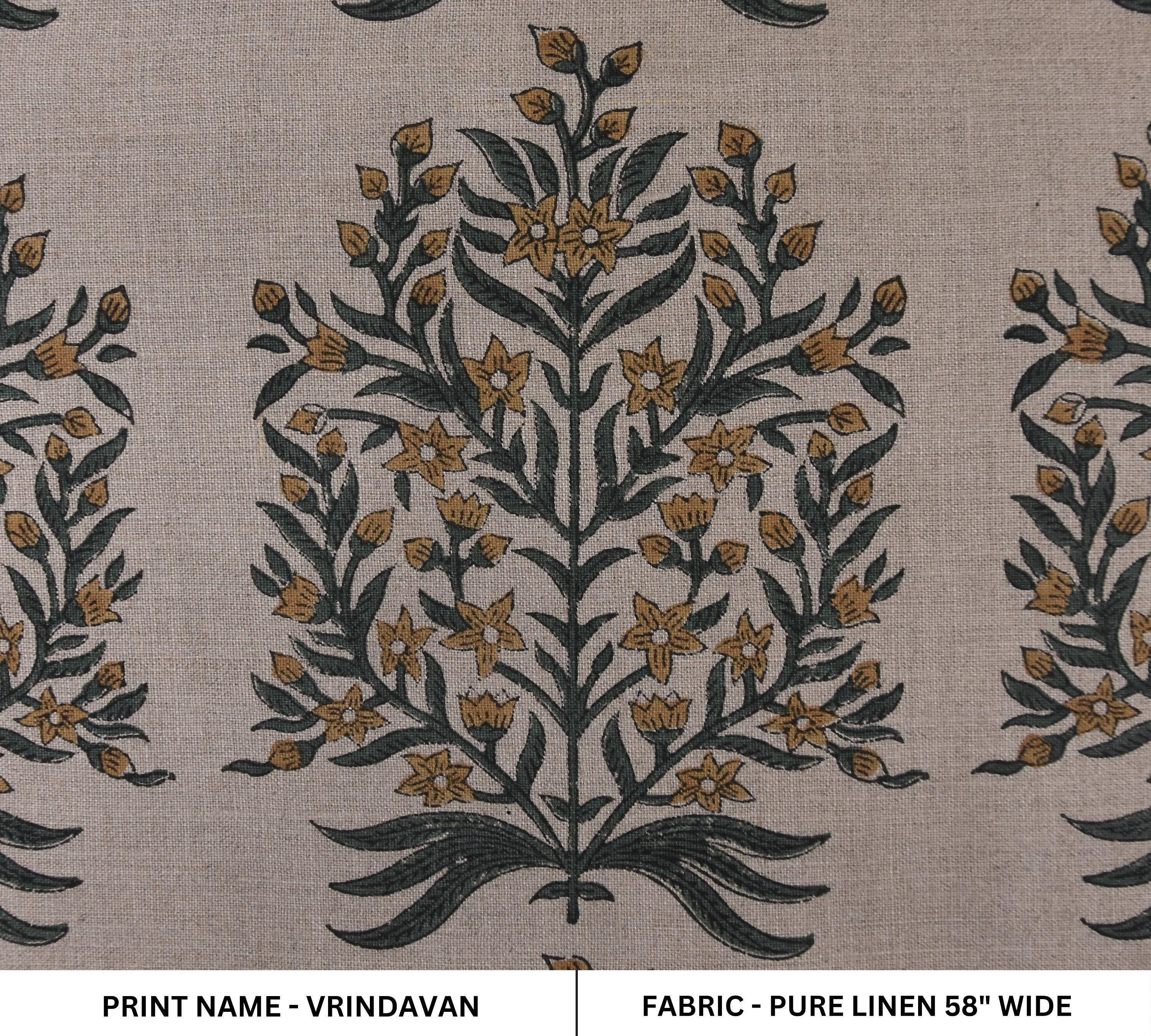 Linen Block Print Fabric 58 Inch Width Medium Weight Linen Natural Base Color Curtains and Drapes Upholstery Handmade Art Pillow Covers Tablecloths and Runners Bedding Tote Bag Lampshades Napkins by Fabritual