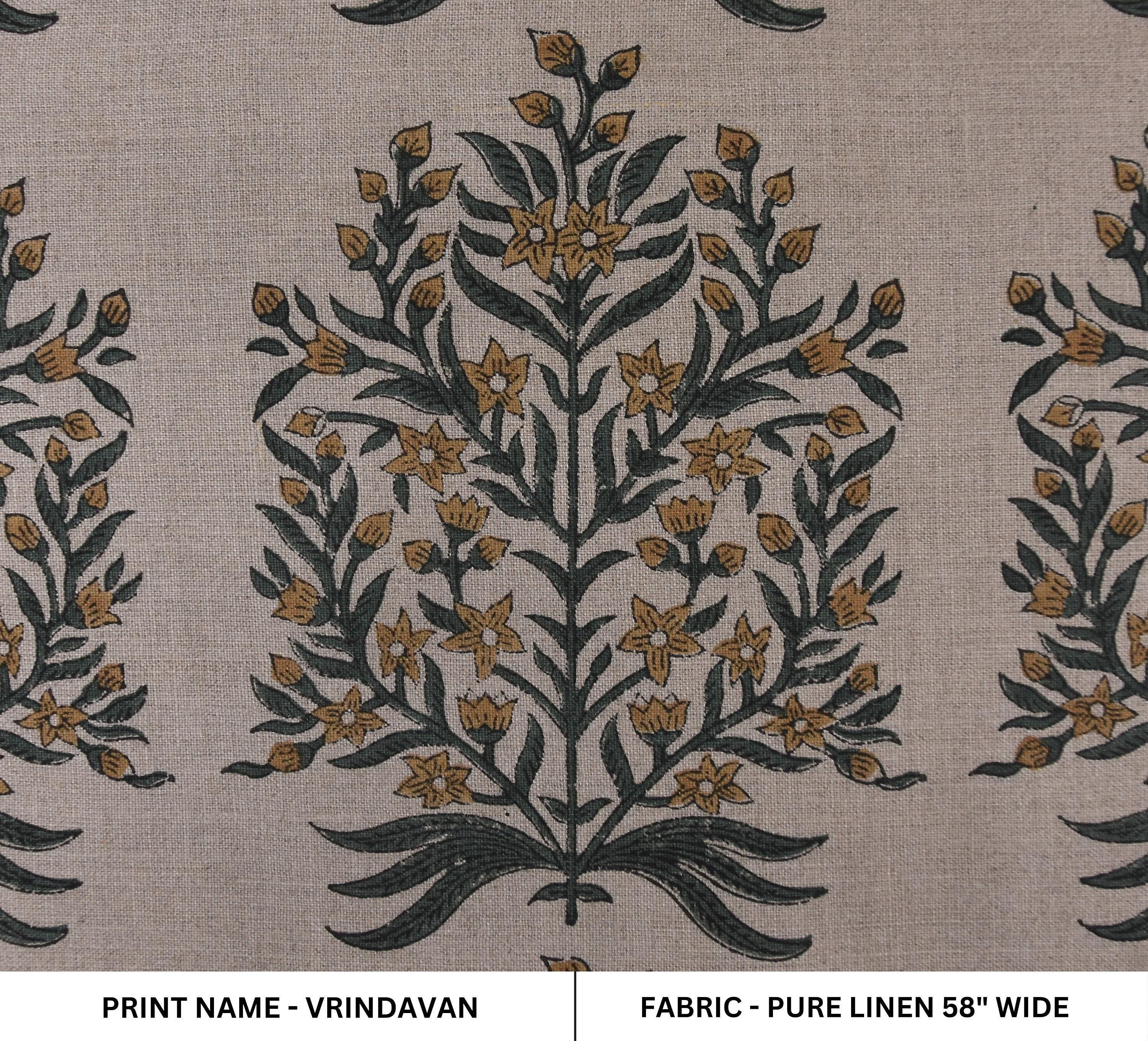 Linen Block Print Fabric 58 Inch Width Medium Weight Linen Natural Base Color Curtains and Drapes Upholstery Handmade Art Pillow Covers Tablecloths and Runners Bedding Tote Bag Lampshades Napkins by Fabritual