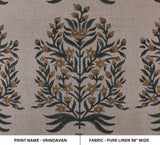 Handmade Block Printed Pure Linen Bronze and Black Floral Fabric for Decorative Pillows & Upholstery - Vrindavan