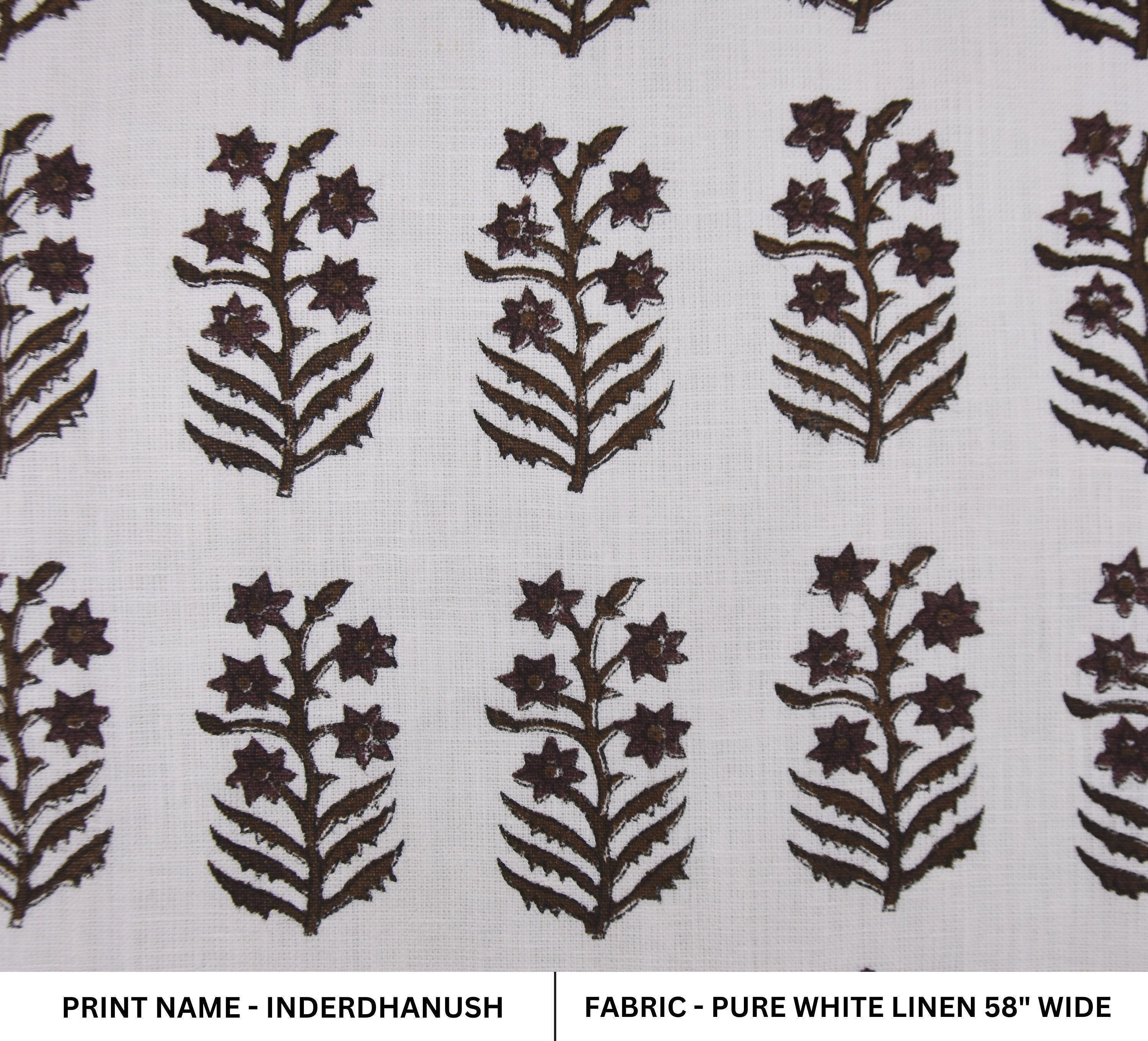Block Printed Pure White Linen Decorative Black and Silver Floral Fabric for Window Blinds - Inderdhanush