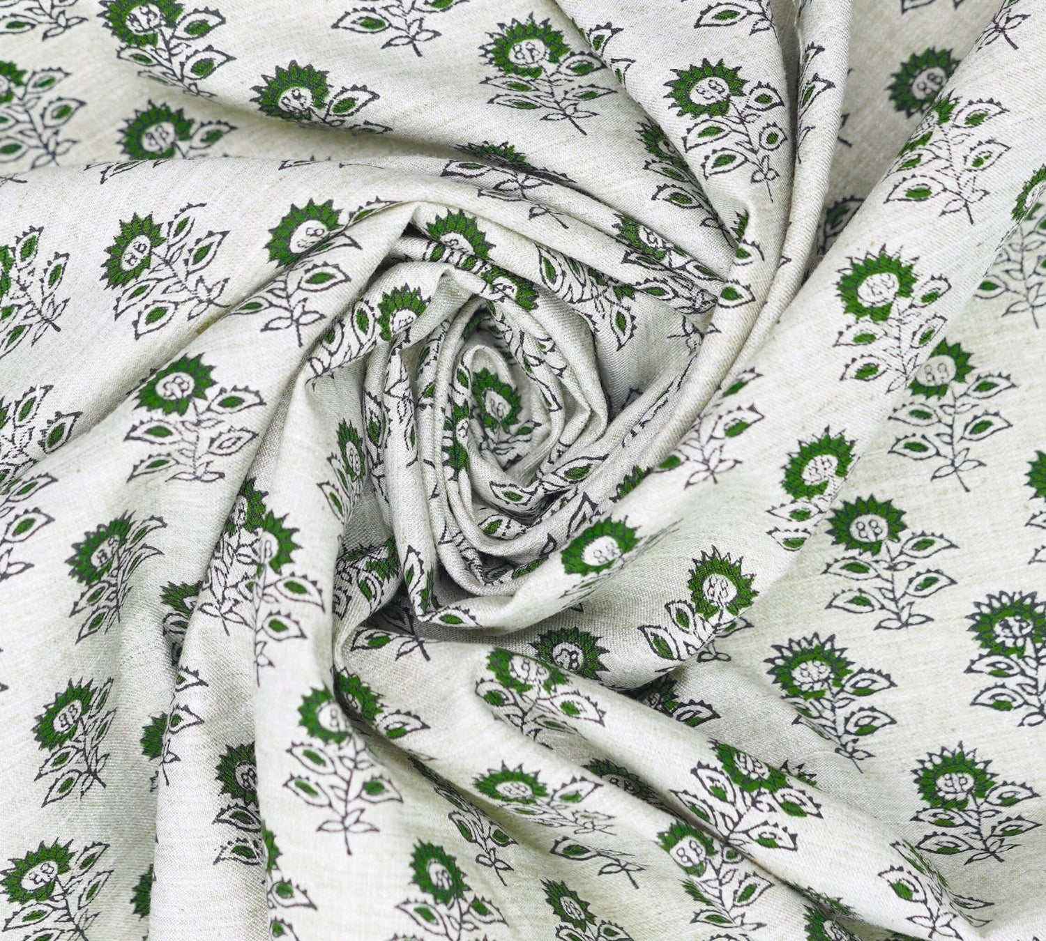 Handmade Floral Green Linen Blend Fabric Traditional - Bagru Buti Print