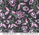 Handmade Black and Pink Flora Block Printed Boho Thick Cotton White Throw Soft Fabric - KAMAL DUTTA
