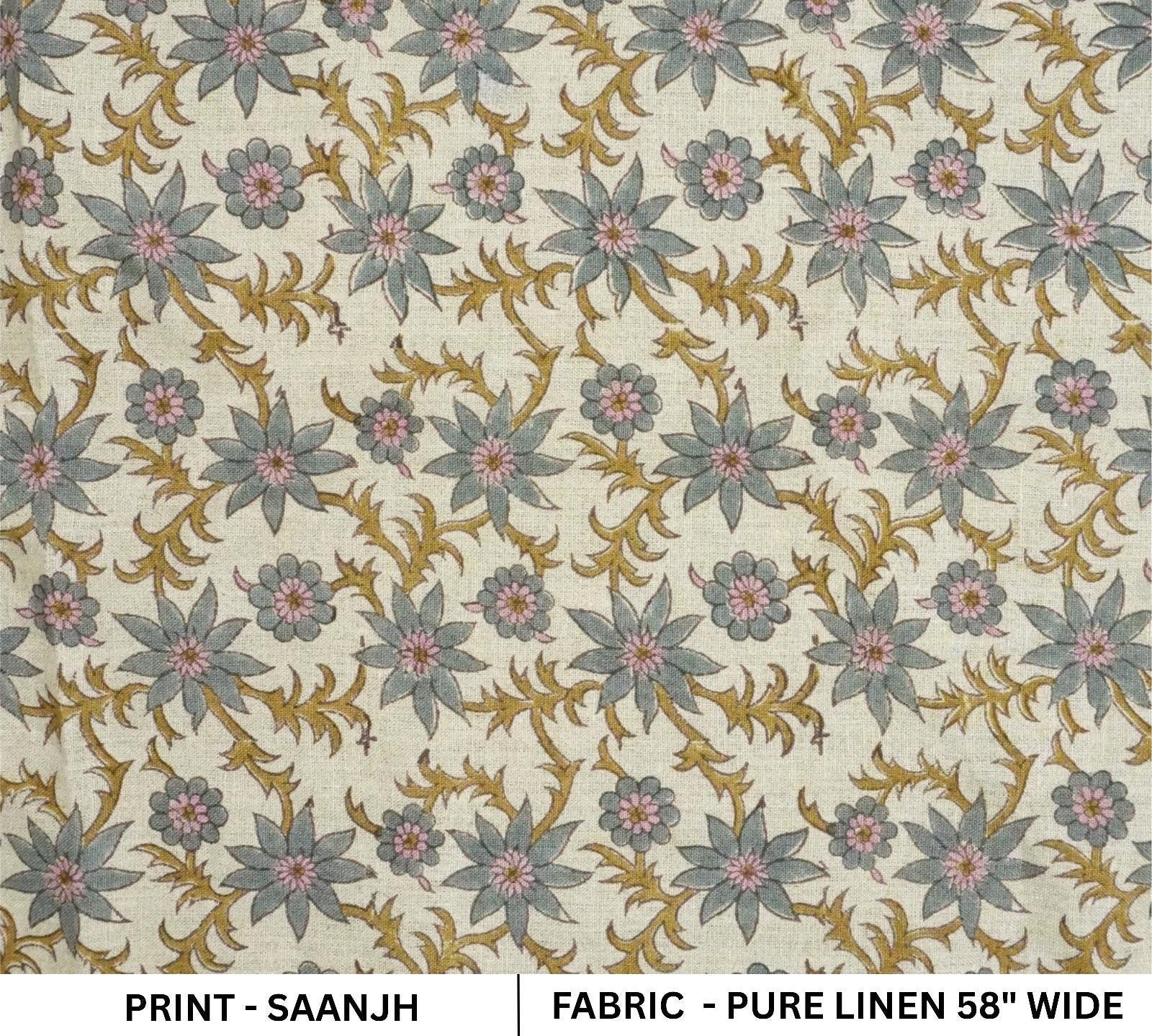 Heavy Linen with Floral Block Prints, Great for Decorative Pillow Covers Eco-Friendly Linen Fabric with Block Print, Great for Custom Decor Pieces Block Printed Linen Fabric with 58-Inch Width Natural Linen Fabric with Hand Block Print, Suitable for Tablecloths and Pillow Covers .
