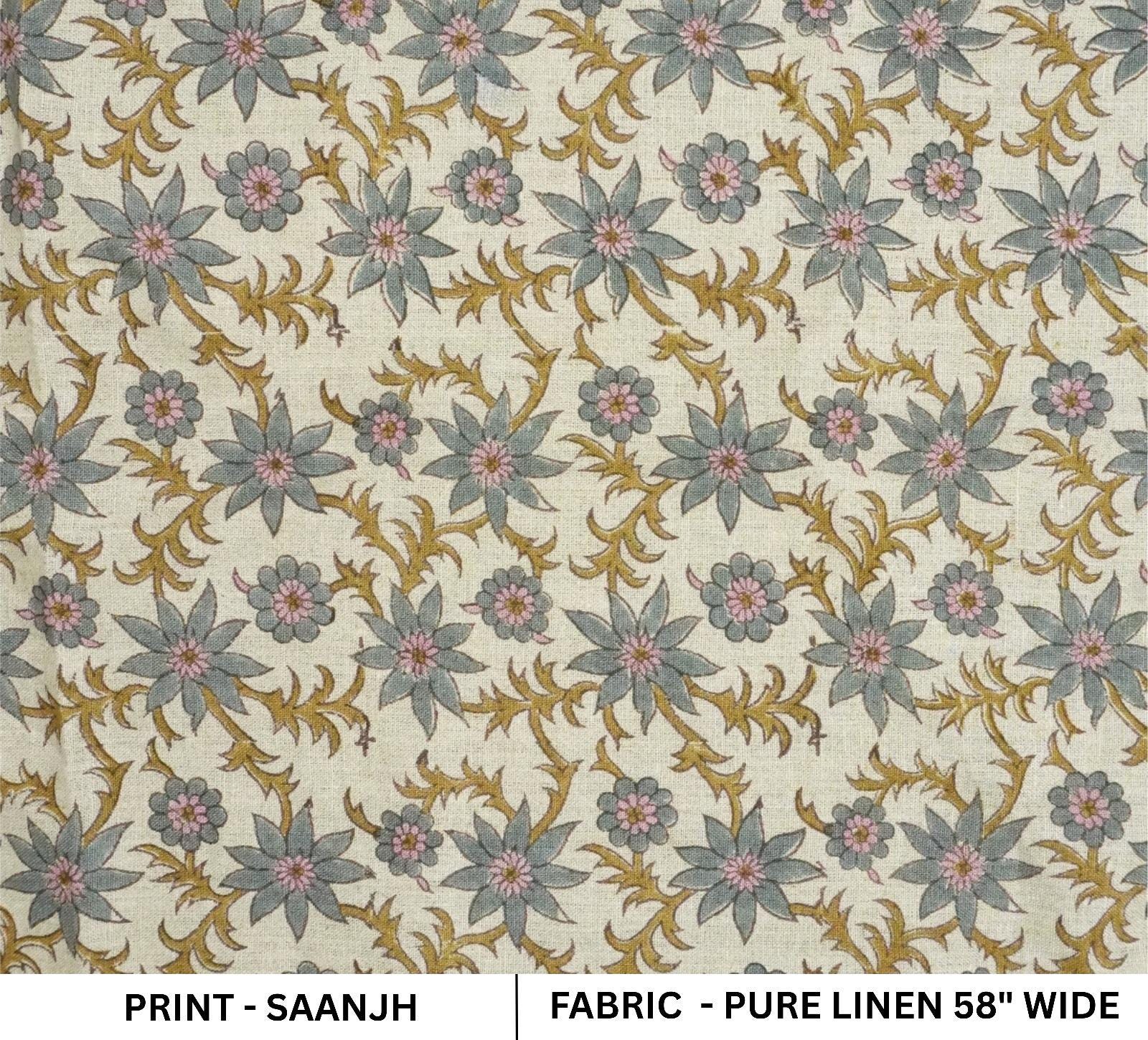 Heavy Linen with Floral Block Prints, Great for Decorative Pillow Covers Eco-Friendly Linen Fabric with Block Print, Great for Custom Decor Pieces Block Printed Linen Fabric with 58-Inch Width Natural Linen Fabric with Hand Block Print, Suitable for Tablecloths and Pillow Covers .