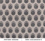 Indian Handmade Boho Throw Gray & Black Floral Bheeshma Print Cushion Fabric in Durable Duck Canvas