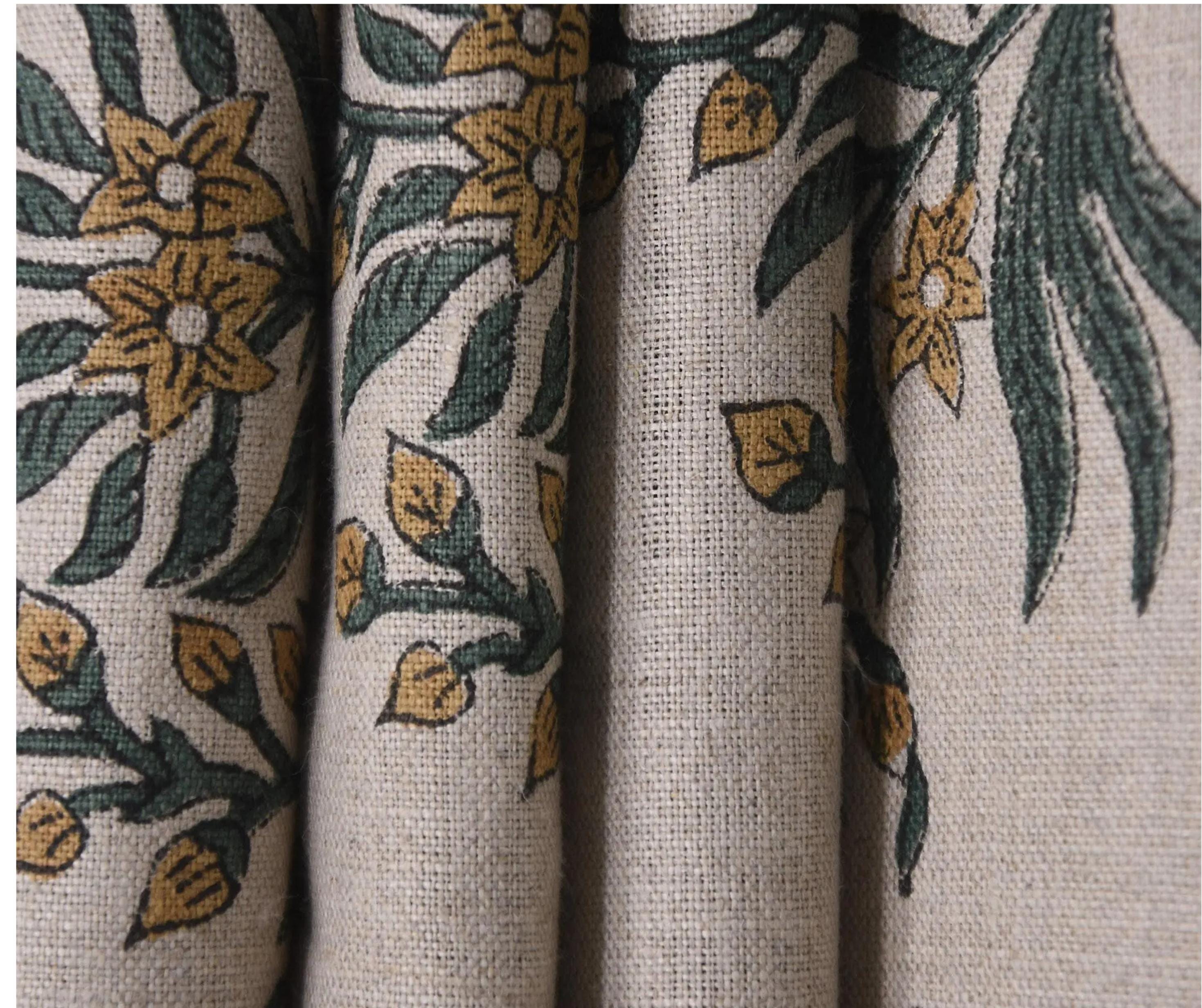 Linen Block Print Fabric 58 Inch Width Medium Weight Linen Natural Base Color Curtains and Drapes Upholstery Handmade Art Pillow Covers Tablecloths and Runners Bedding Tote Bag Lampshades Napkins by Fabritual