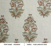 Hand Block Printed 100% Pure Linen Brown & Sage Green Floral Decorative Fabric for Farmhouse Decor - Sikander