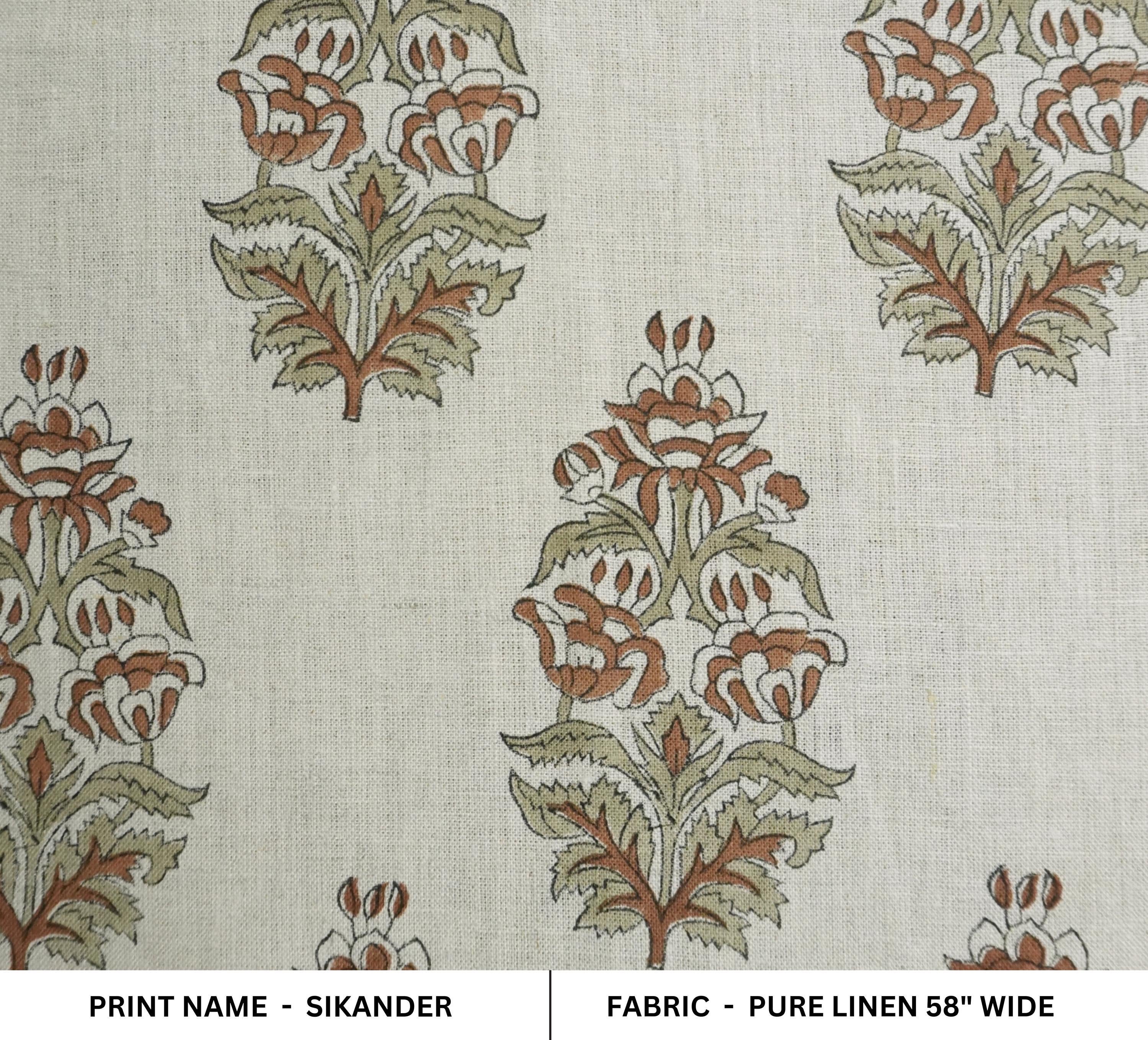 Hand Block Printed 100% Pure Linen Brown & Sage Green Floral Decorative Fabric for Farmhouse Decor - Sikander