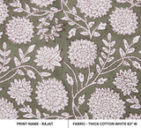 Handmade Boho Green Floral Forest Block Printed Thick Cotton White Fabric - RAJAT LIGHT