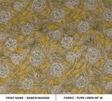 Handmade Stamped Mustard Floral Throw Block Print 100% Pure Linen Custom Fabric - RAMESHWARAM