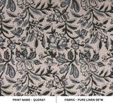 Indian Handmade Black and Gray Floral Block Printed in Pure Linen Fabric - QUDRAT