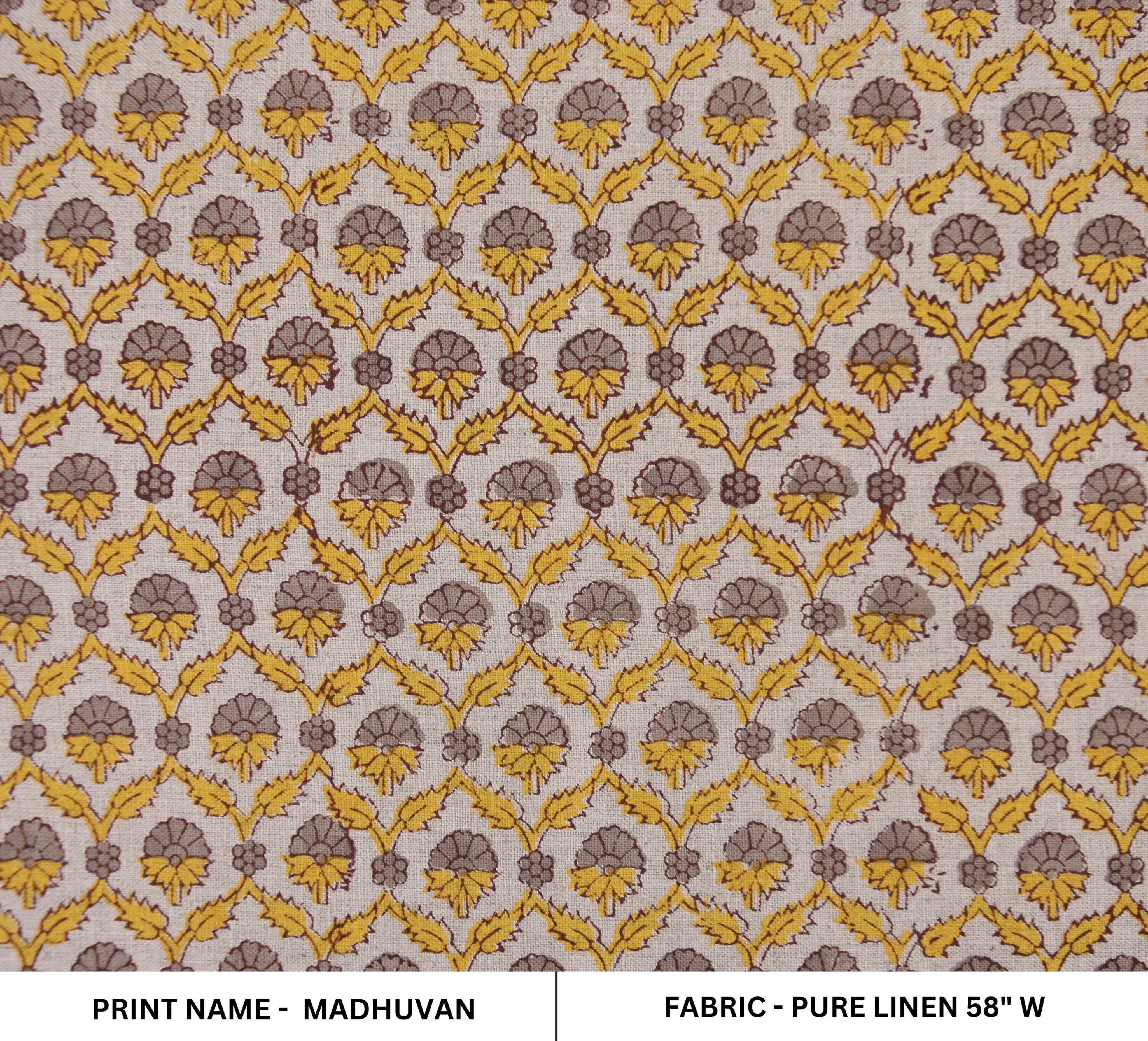 Hand block pure linen 58" wide window curtains, Indian fabric, fabric couch cushion cover, linen pillows and table cloth - MADHUVAN