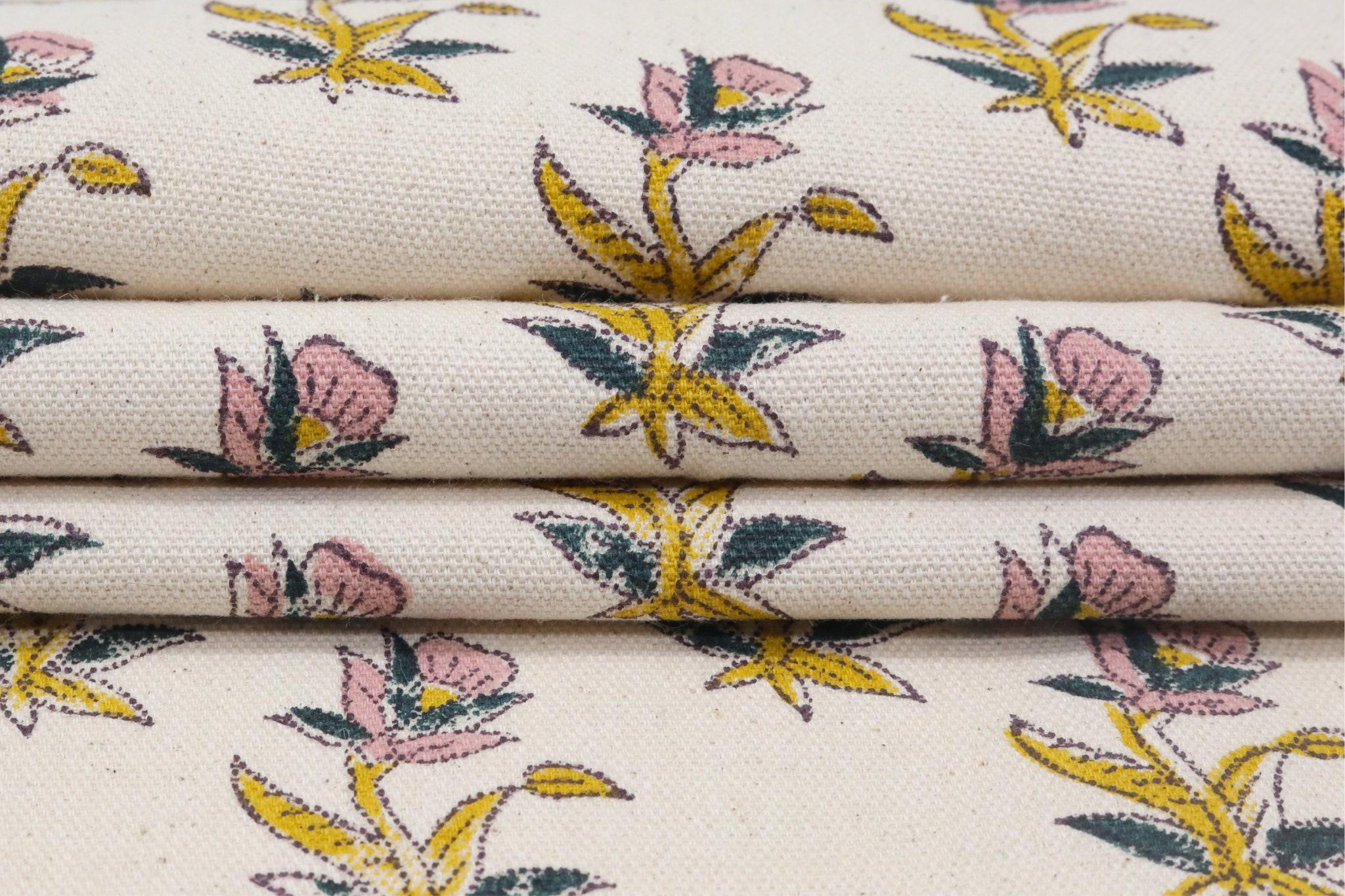Cotton Block Print Fabric 50 Inch Width Medium Weight Duck Canvas Beige Base Color Tablecloths and Runners Curtains and Drapes Pillow Cover Curtains and Drapes  Bedding Tote Bag Lampshades Napkins