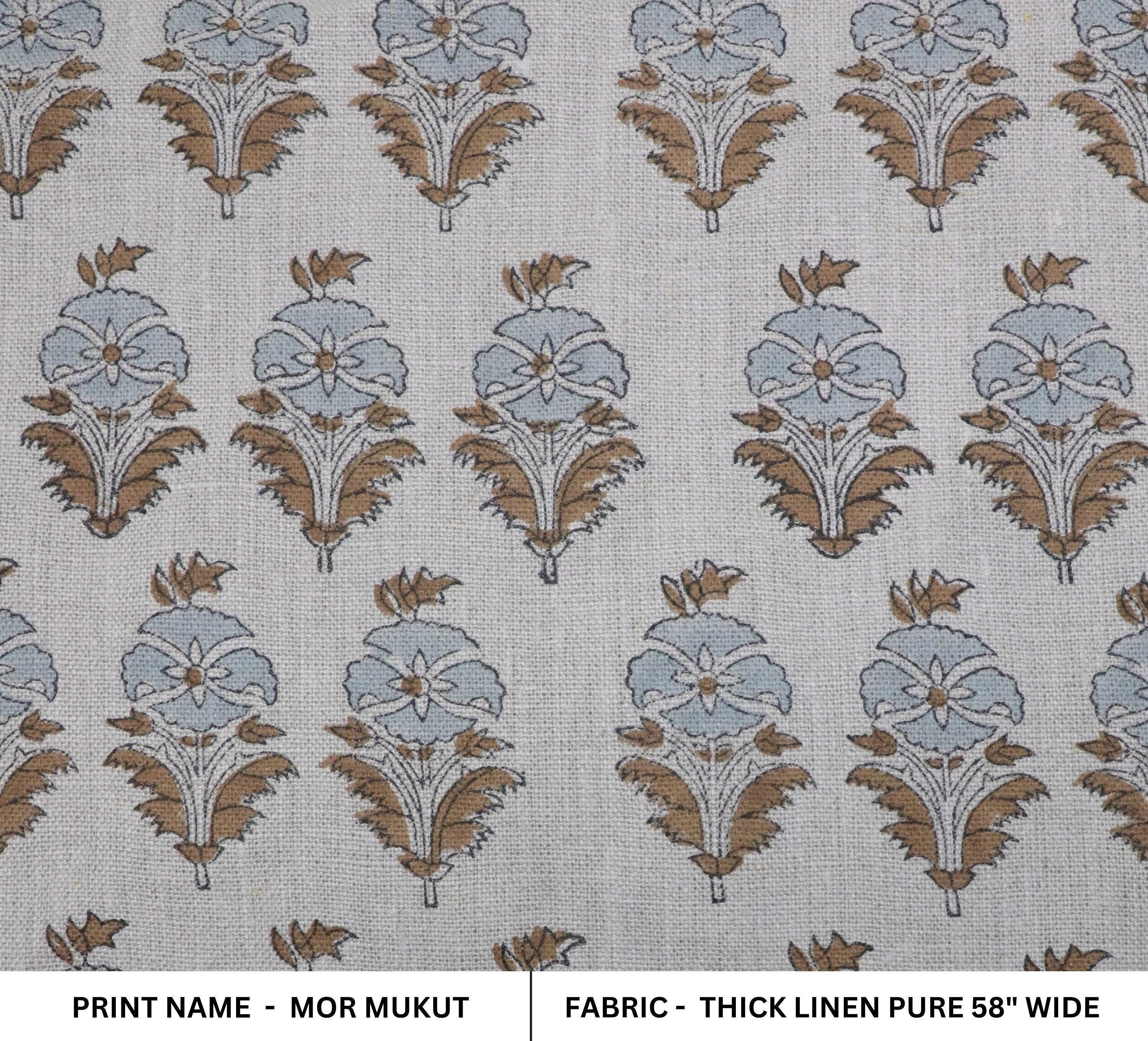 Linen Block Print Fabric 58 Inch Width Heavy Weight Linen Natural Base Color Curtains and Drapes Upholstery Handmade Art Pillow Covers Tablecloths and Runners Bedding Tote Bag Lampshades Napkins by Fabritual