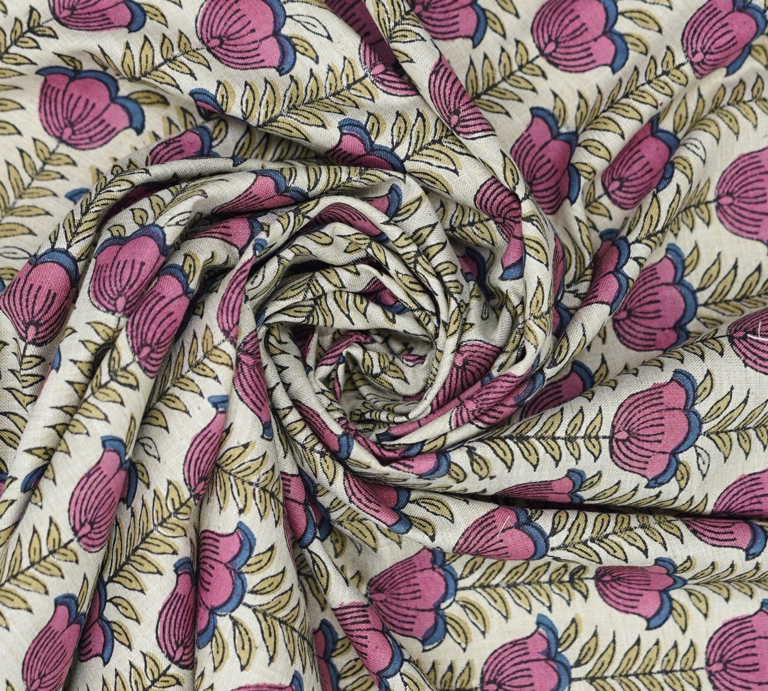 Hand Block Printed Boho Lotus Pink Floral Fabric on Linen Blend (58" Width)