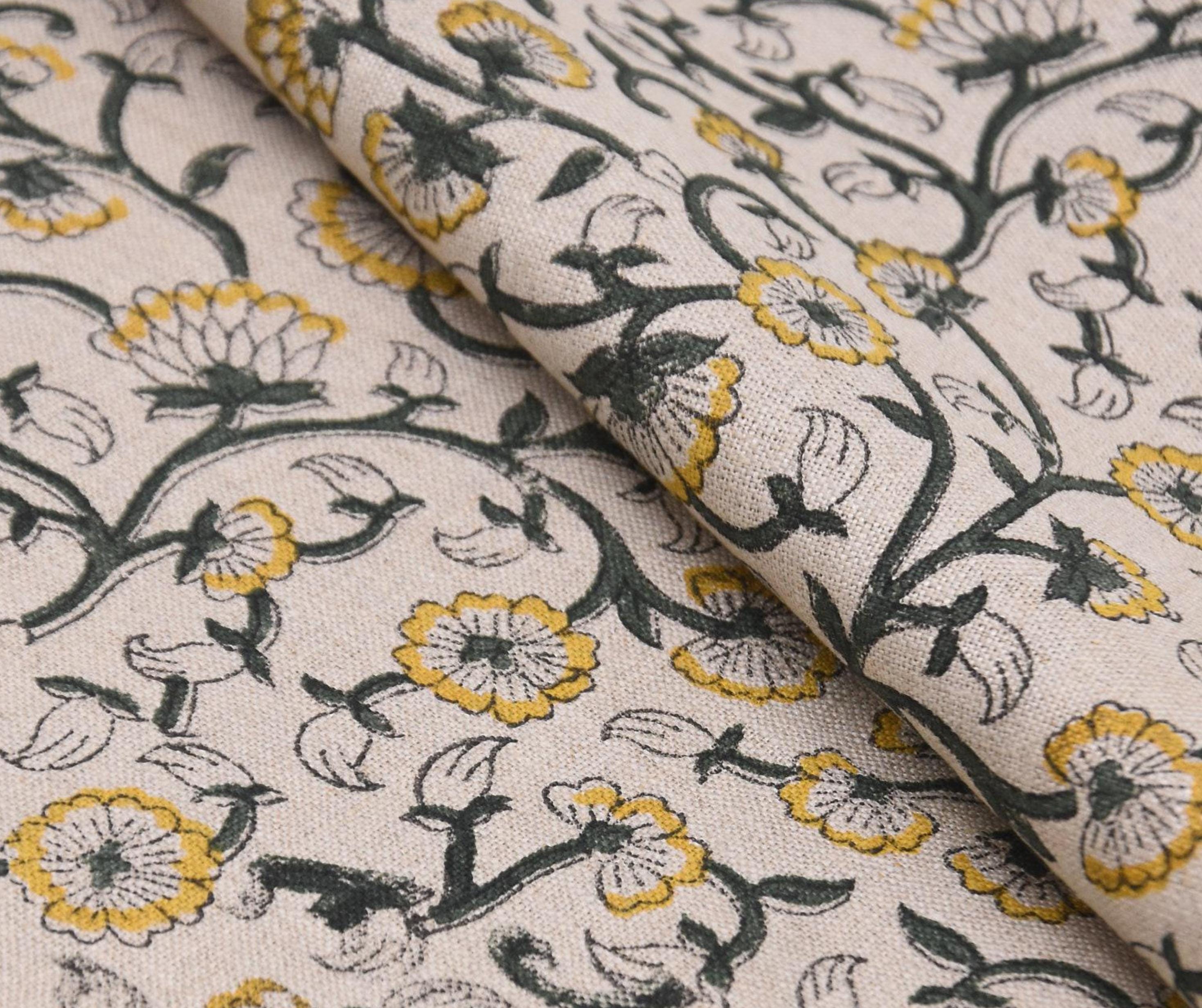 Linen Block Print Fabric 58 Inch Width Medium Weight Linen Natural Base Color Handmade Creative Design To Make Curtains and Drapes Upholstery Pillow Covers Tablecloths and Runners Lampshades by Fabritual