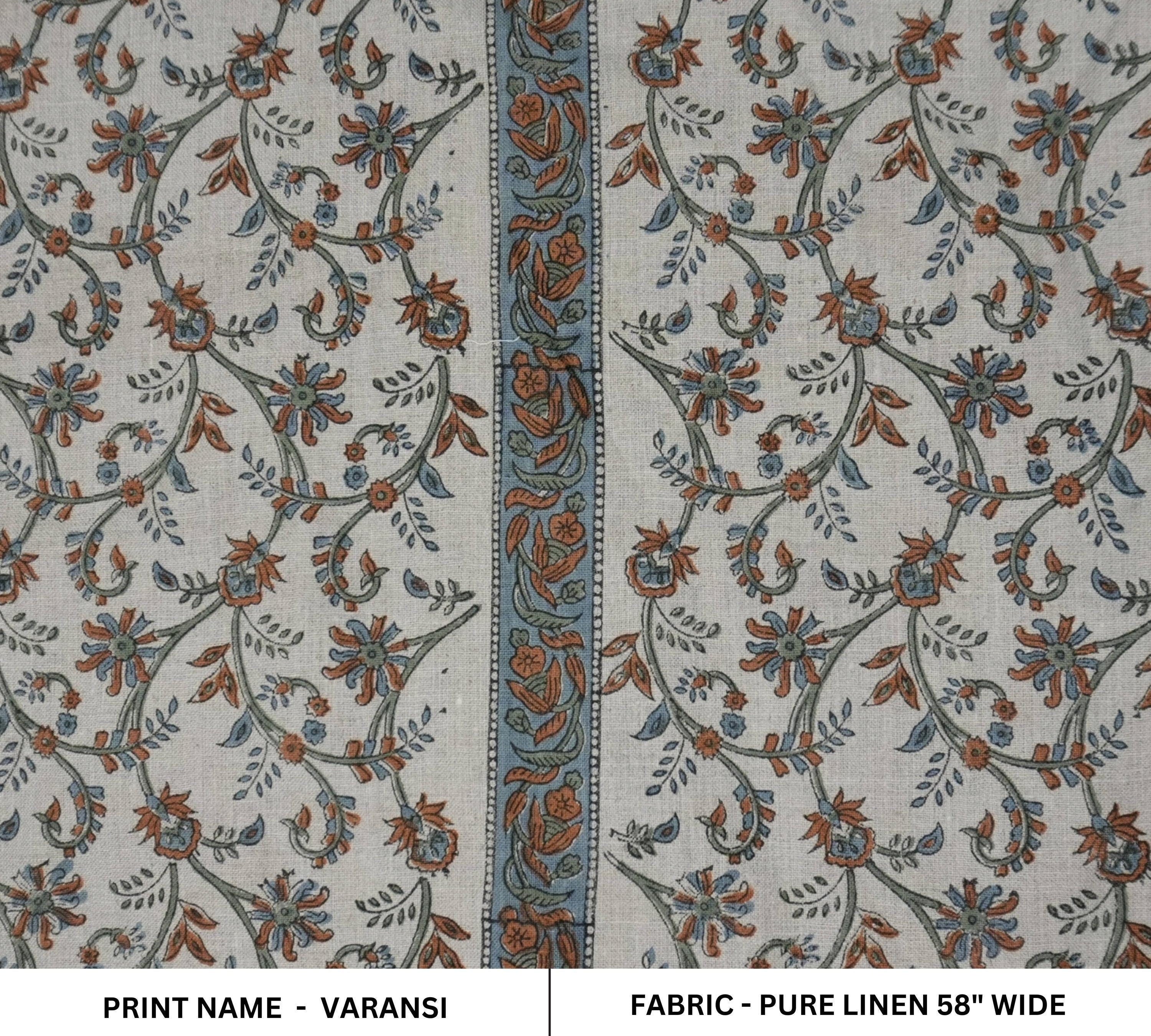 Pure Linen Fabric 58&quot; Wide with Decorative Indian Prints for Drapes and Pillows, Artisanal Block Printed Linen Fabric for Table Linen and Upholstery.
