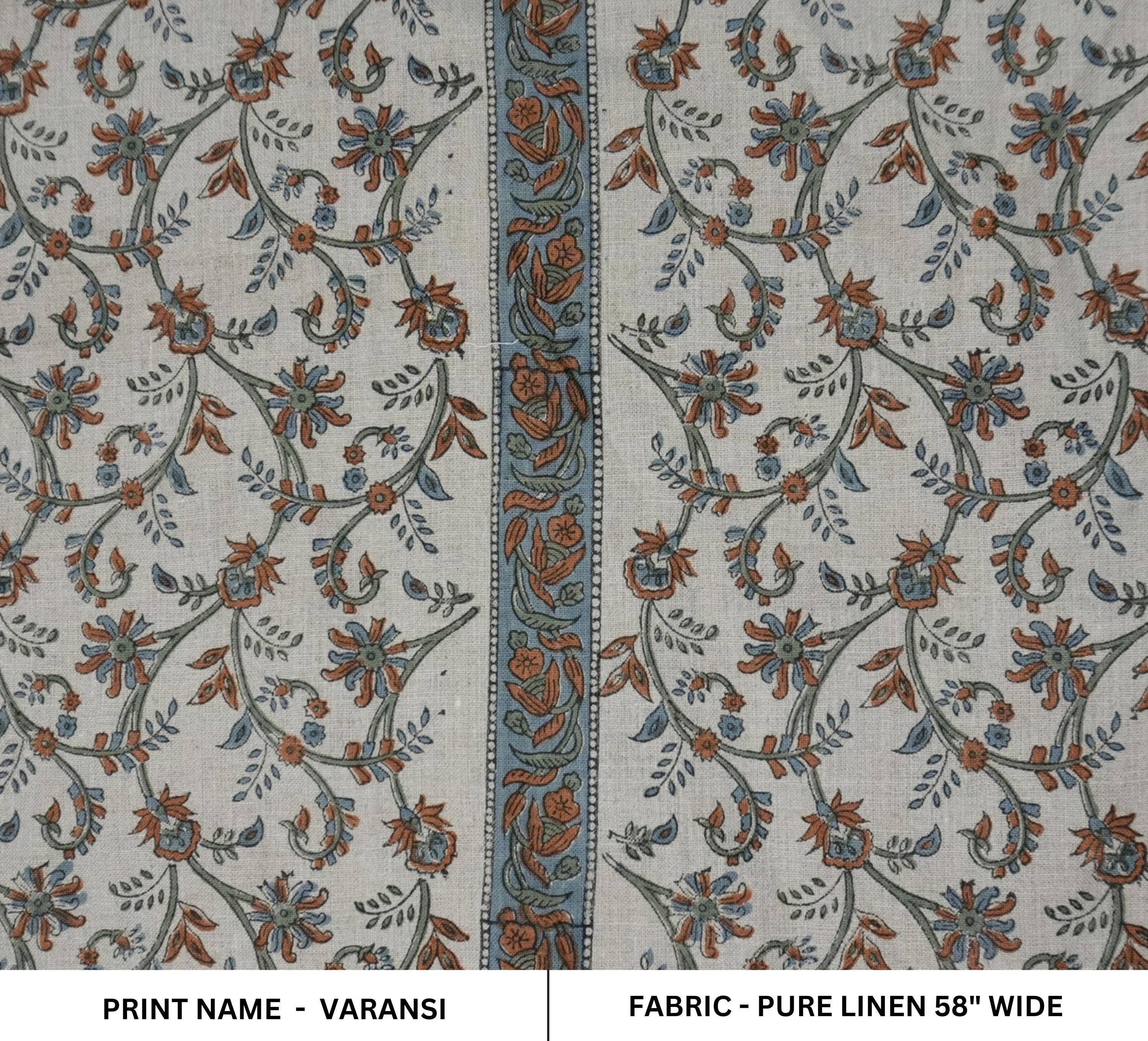 Pure Linen Fabric 58&quot; Wide with Decorative Indian Prints for Drapes and Pillows, Artisanal Block Printed Linen Fabric for Table Linen and Upholstery.