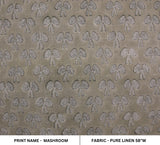 Handmade Block Printed Mushroom Floral Fabric in Middle Gray 100% Pure Linen Customizable for Throws