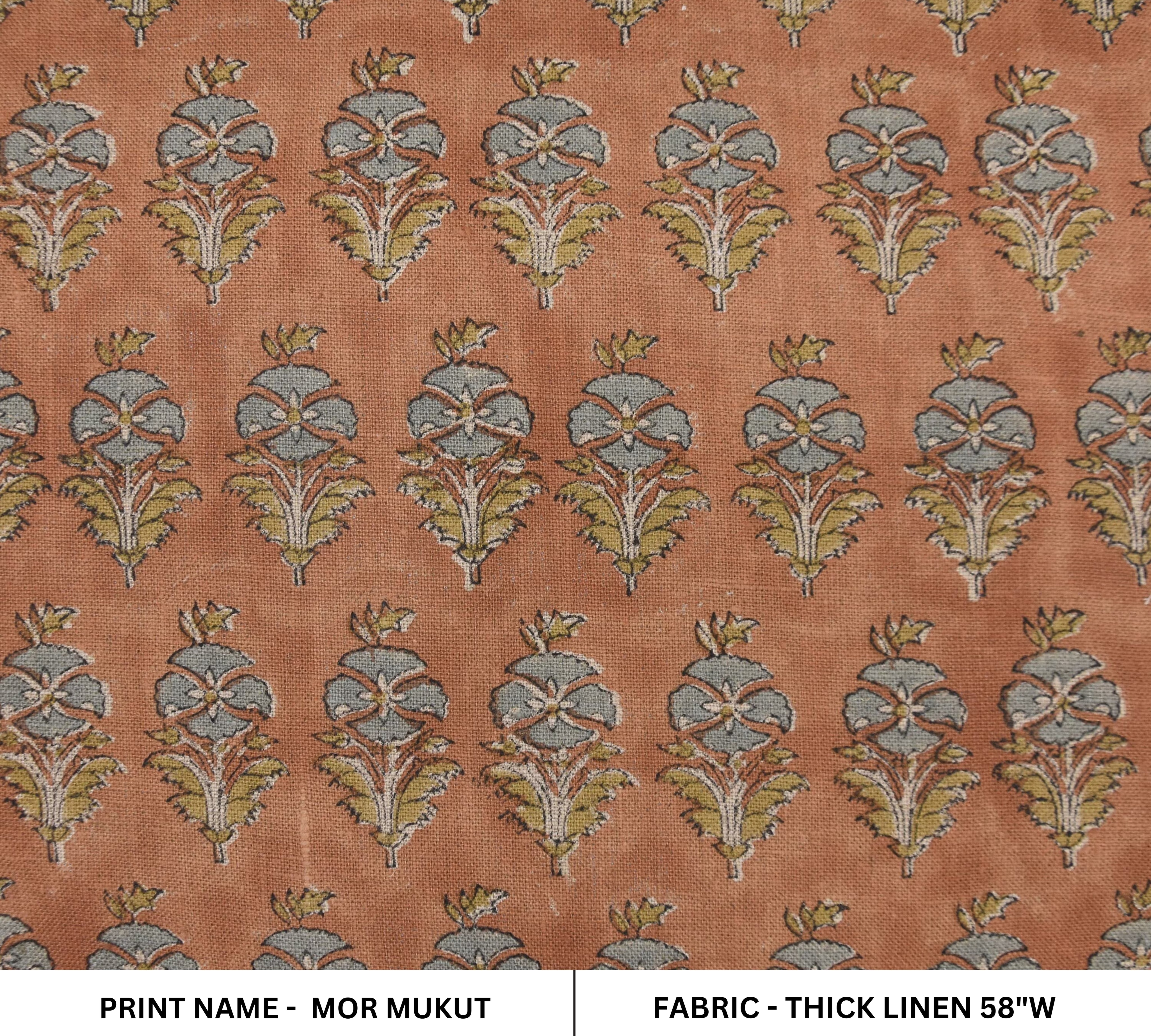 Hand block thick linen 58" Wide, Indian block print fabric, linen cushion covers, Curtains for home, Floral print - MOR MUKUT