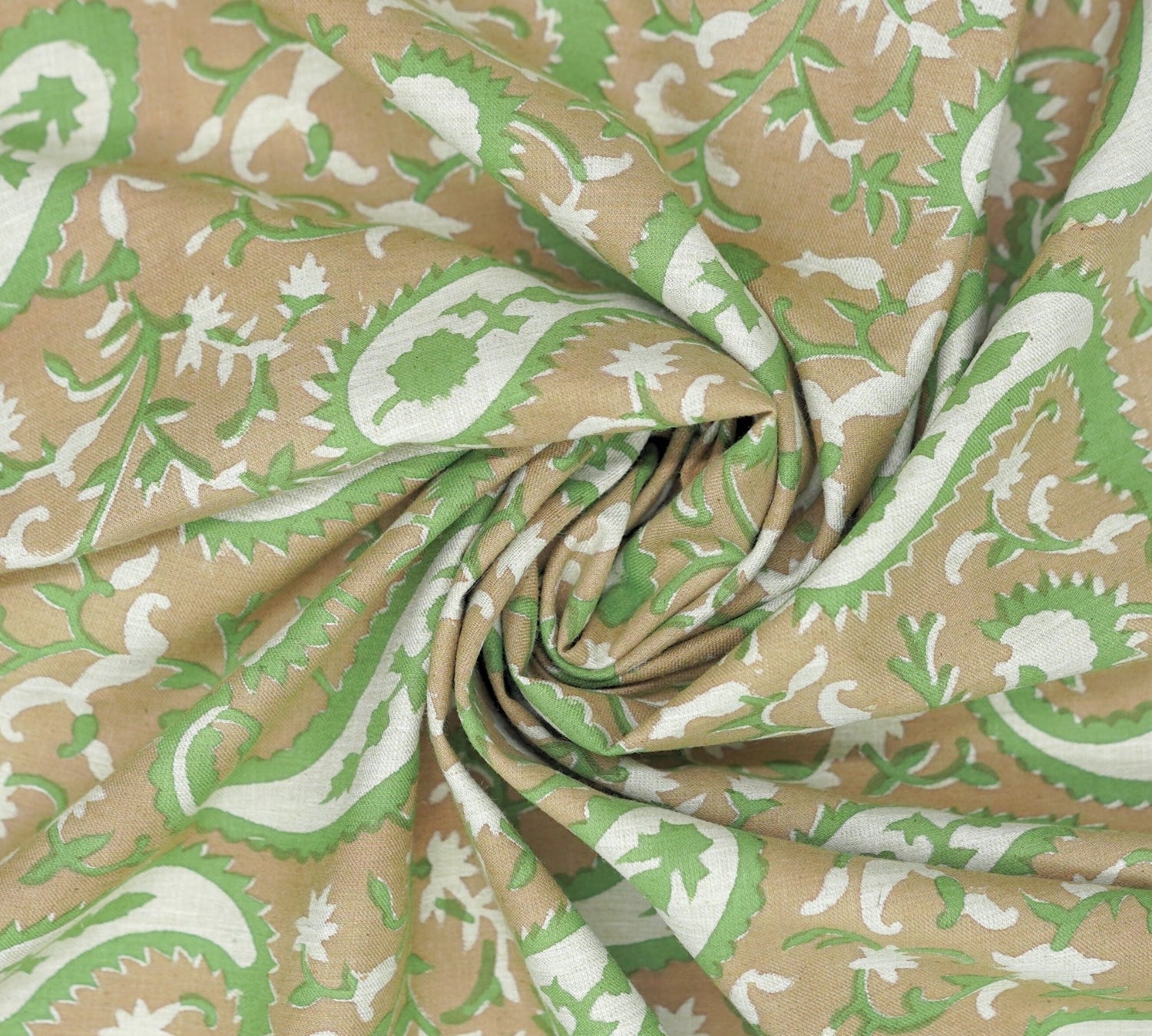 Handcrafted Green Floral Block Printed Fabric Linen Blend Beauty - Kiara 