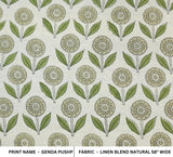 Handcrafted Block Printed Linen Blend Natural Cushion Fabric Green Floral for Living Room - Genda Pushp