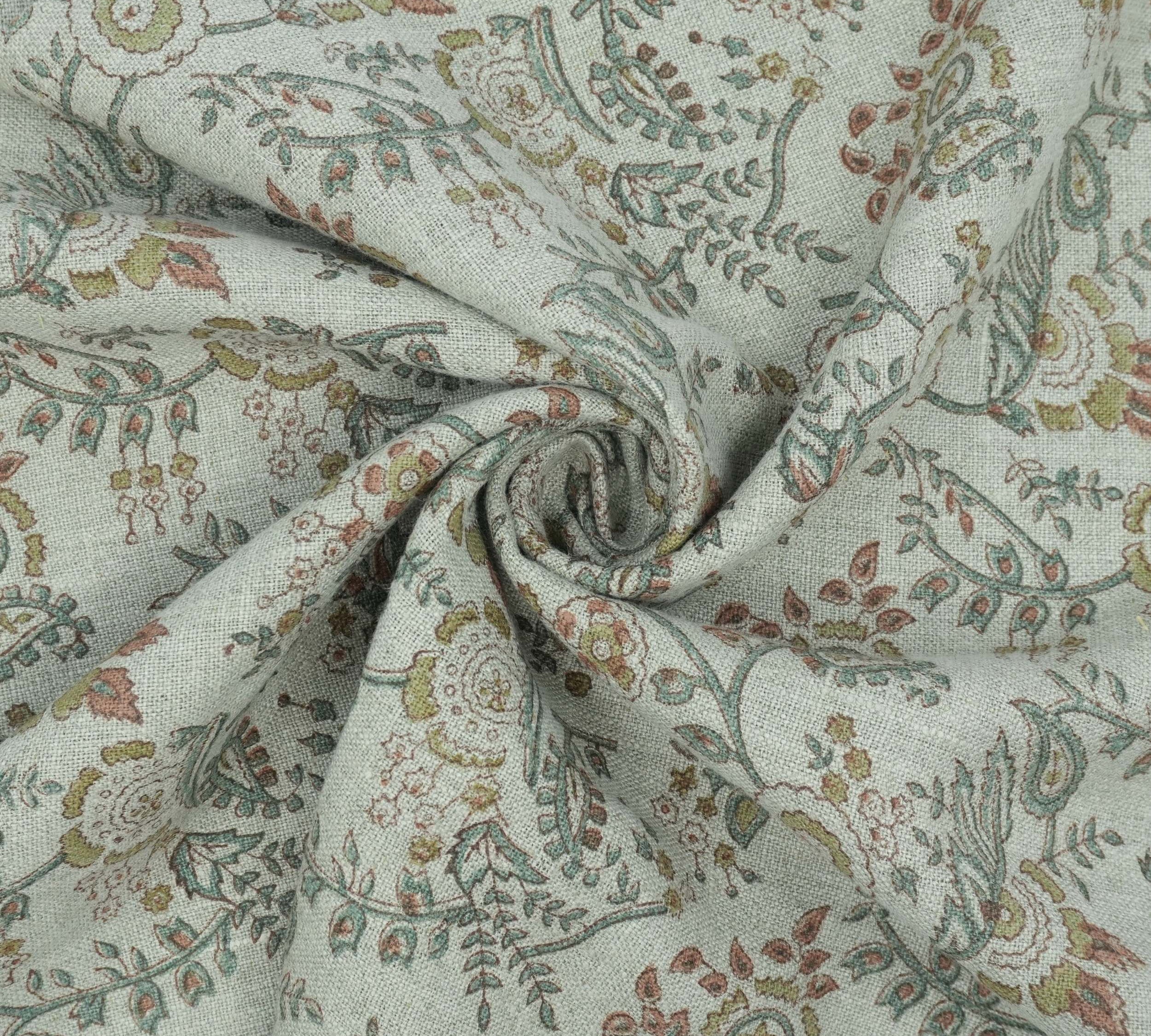 Blue Brown Floral Hand Block Print Linen Arpan Fabric